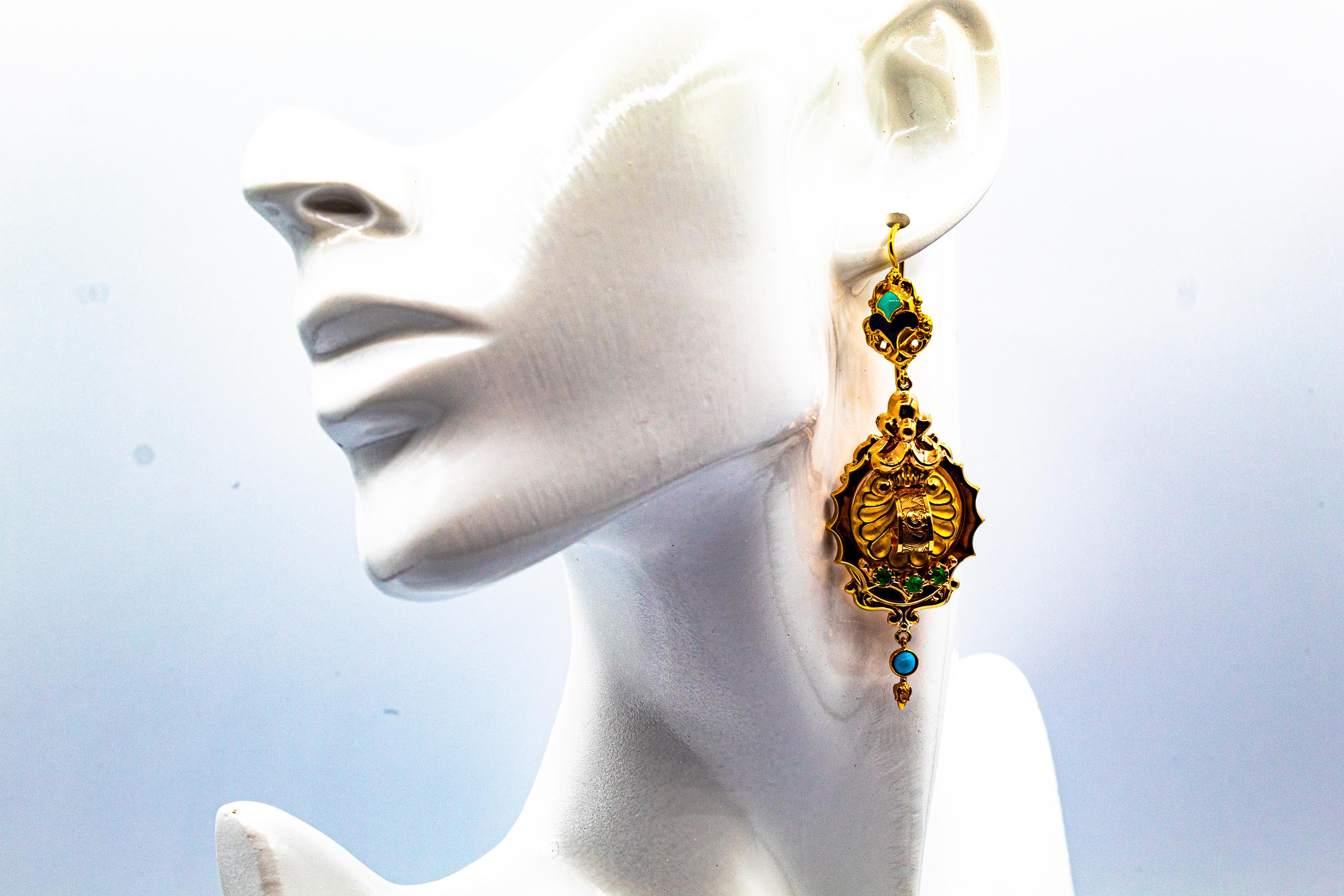 Art Deco Style 0.60 Carat Emerald Turquoise Enamel Yellow Gold Drop Earrings For Sale 7