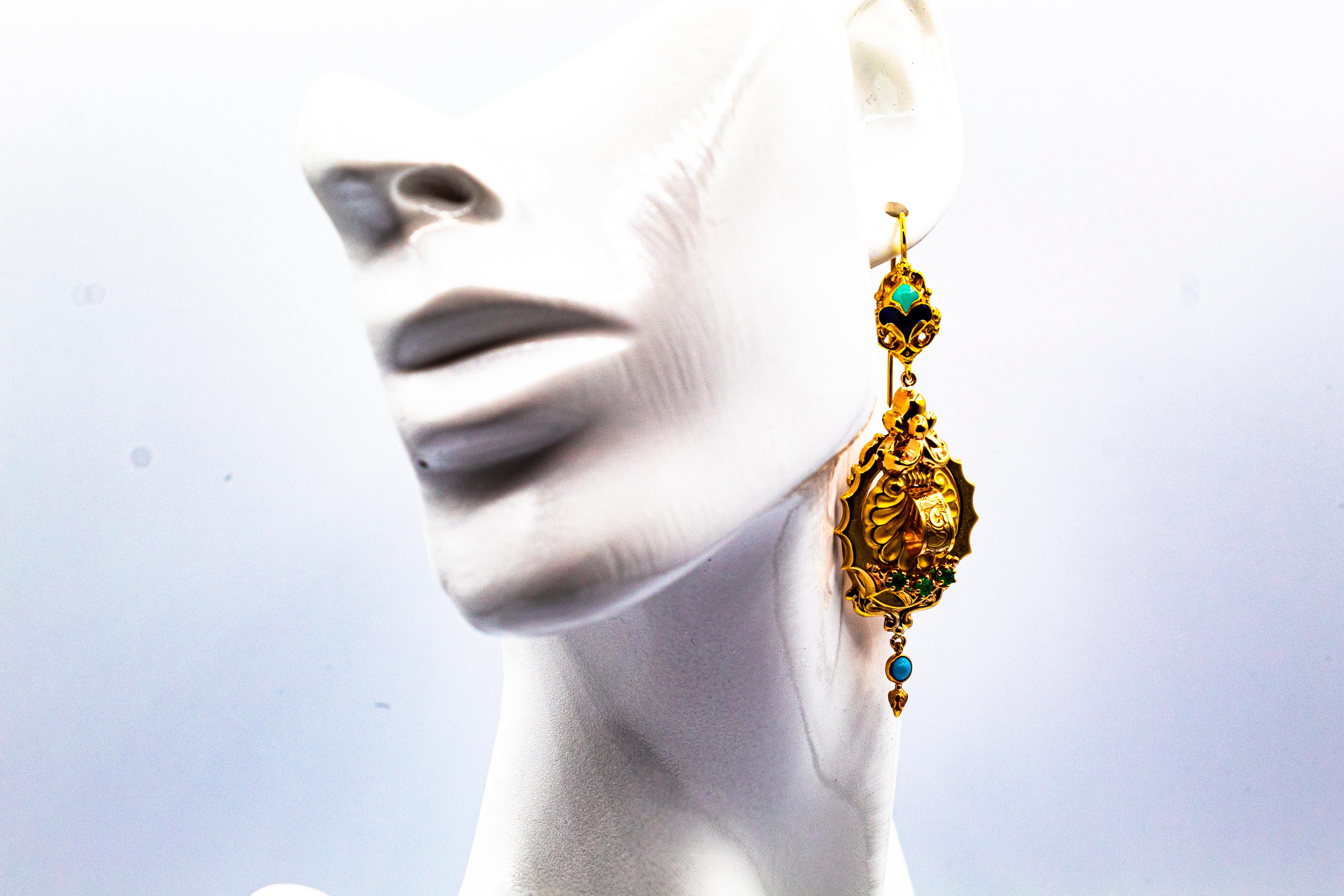Art Deco Style 0.60 Carat Emerald Turquoise Enamel Yellow Gold Drop Earrings For Sale 8