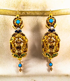 Art Deco Style 0.60 Carat Emerald Turquoise Enamel Yellow Gold Drop Earrings