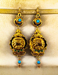 Art Deco Style 0.60 Carat Emerald Turquoise Enamel Yellow Gold Drop Earrings