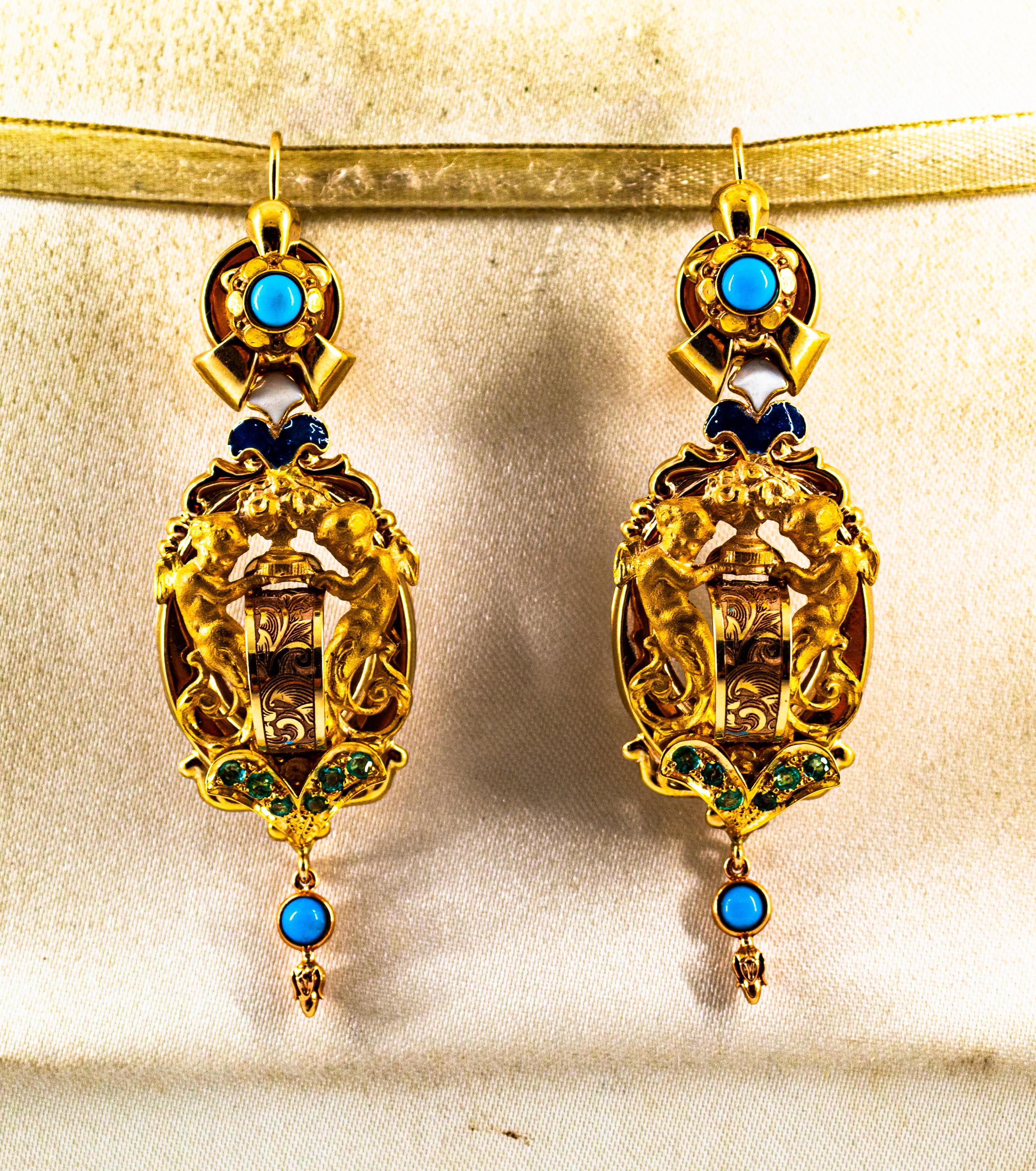 Brilliant Cut Art Deco Style 0.60 Carat Emerald Turquoise Enamel Yellow Gold Drop Earrings For Sale