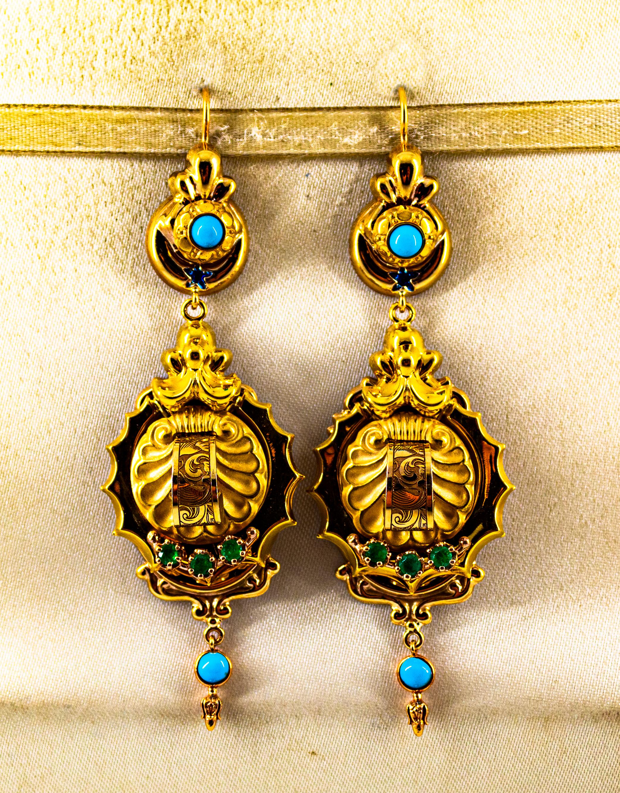 Brilliant Cut Art Deco Style 0.60 Carat Emerald Turquoise Enamel Yellow Gold Drop Earrings For Sale