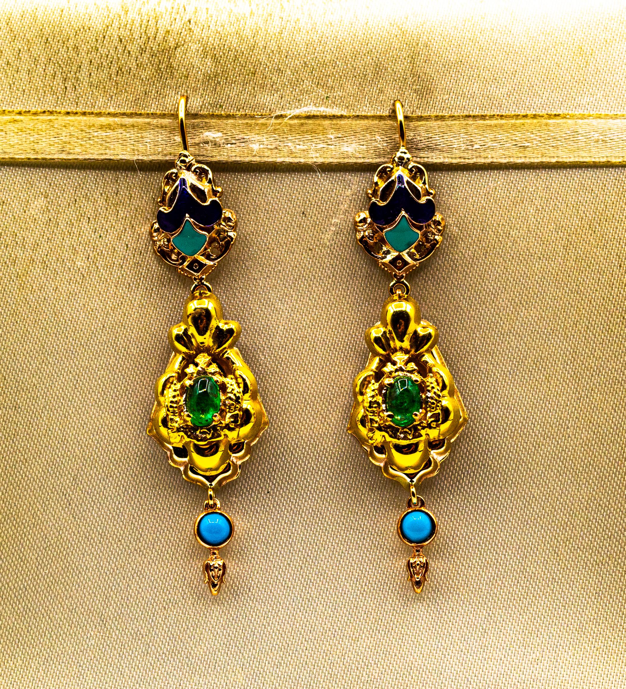 Cabochon Art Deco Style 0.60 Carat Emerald Turquoise Enamel Yellow Gold Drop Earrings For Sale
