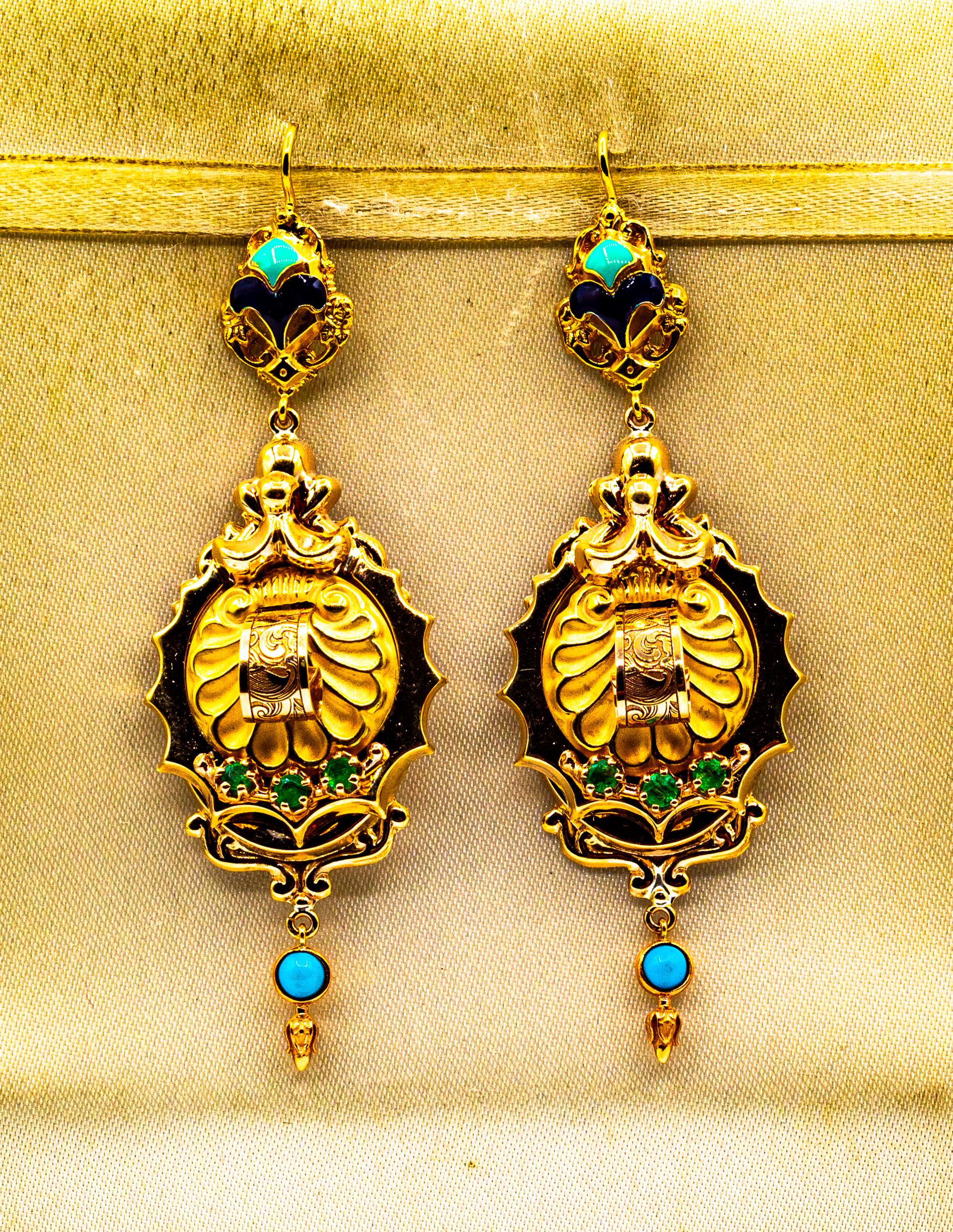Taille brillant Boucles d'oreilles en or jaune de style Art déco avec émeraude, turquoise et émail de 0,60 carat en vente