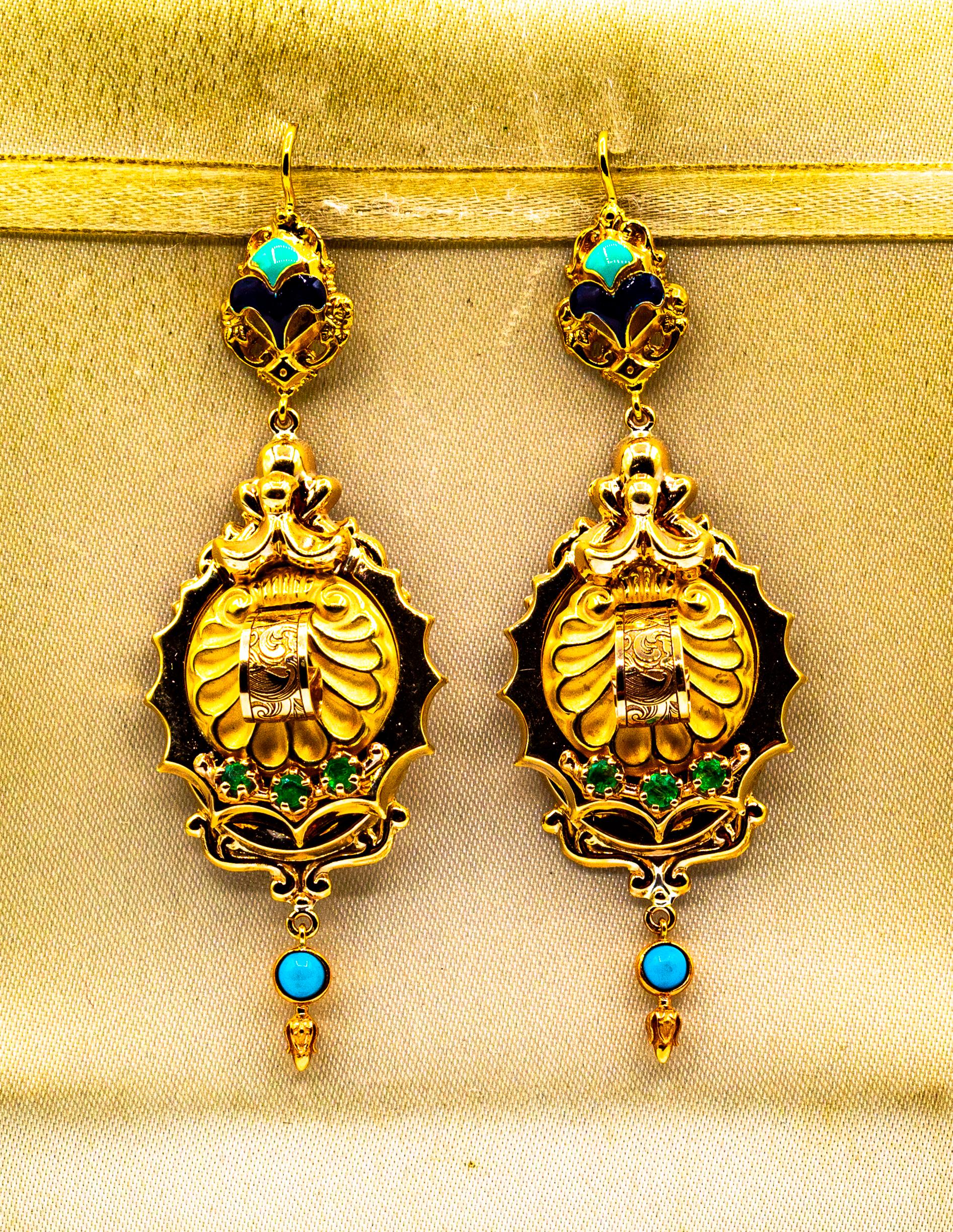 Brilliant Cut Art Deco Style 0.60 Carat Emerald Turquoise Enamel Yellow Gold Drop Earrings For Sale