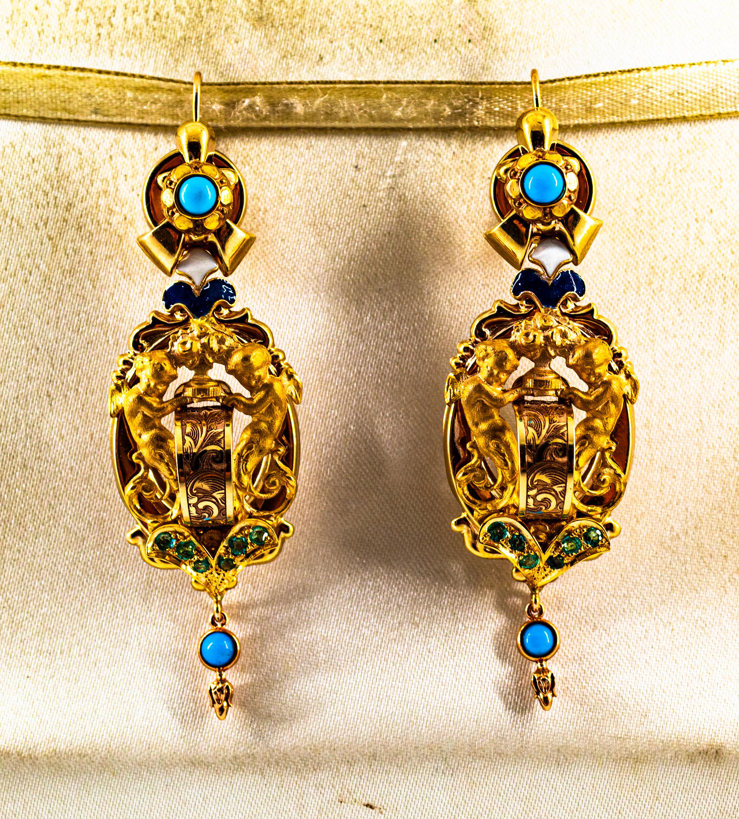 Art Deco Style 0.60 Carat Emerald Turquoise Enamel Yellow Gold Drop Earrings In New Condition For Sale In Naples, IT