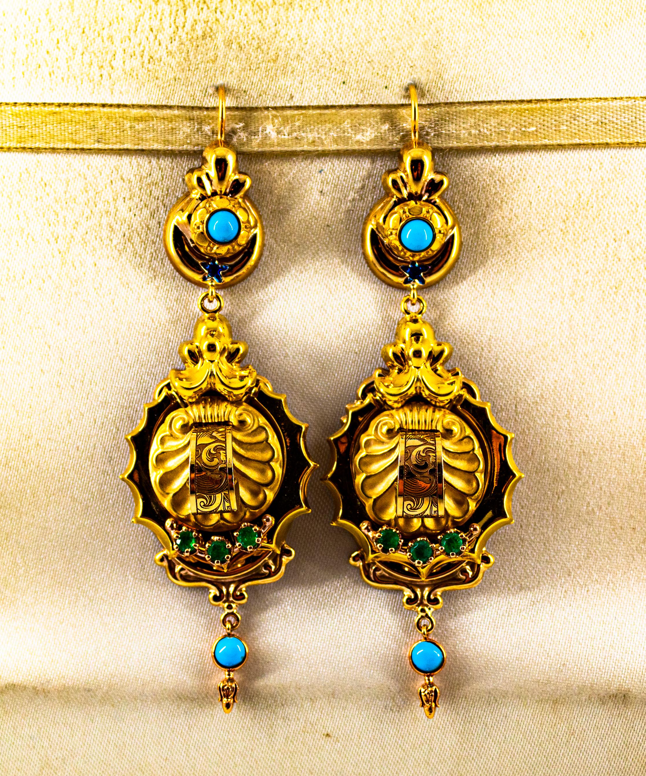 Art Deco Style 0.60 Carat Emerald Turquoise Enamel Yellow Gold Drop Earrings In New Condition For Sale In Naples, IT