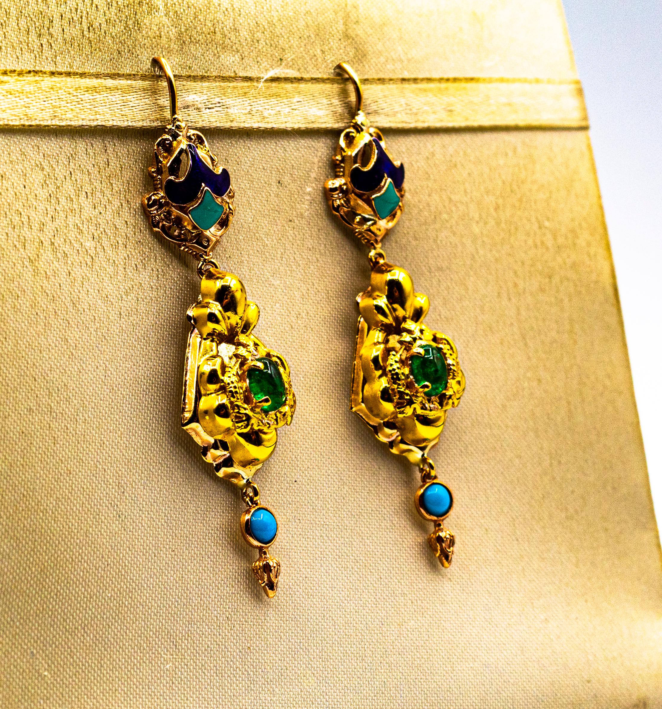 Art Deco Style 0.60 Carat Emerald Turquoise Enamel Yellow Gold Drop Earrings In New Condition For Sale In Naples, IT