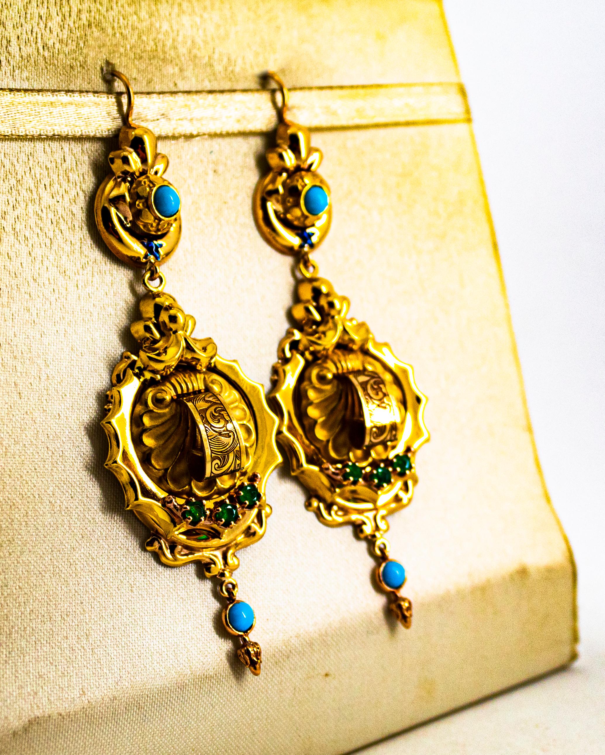 Women's or Men's Art Deco Style 0.60 Carat Emerald Turquoise Enamel Yellow Gold Drop Earrings For Sale