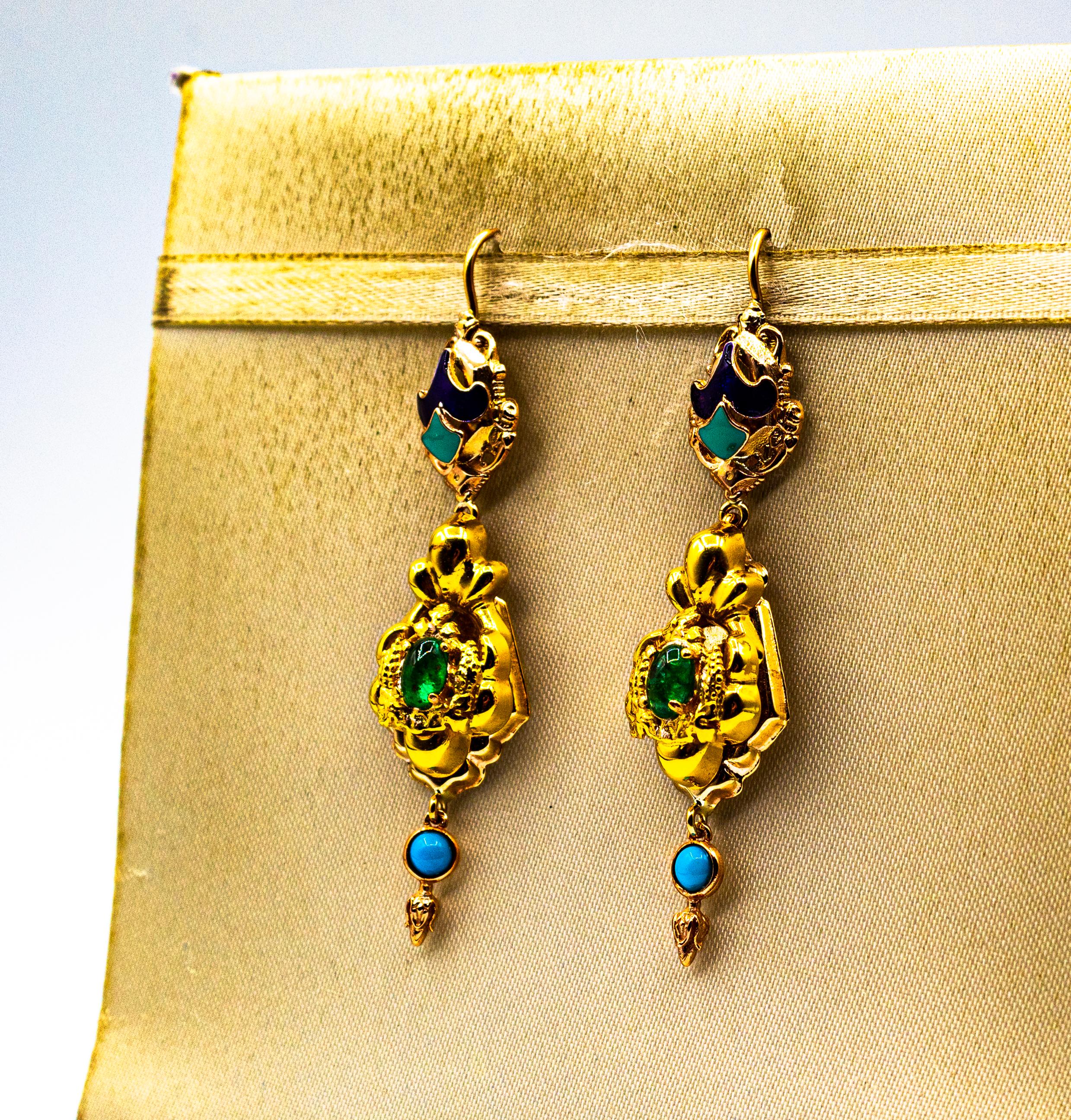 Women's or Men's Art Deco Style 0.60 Carat Emerald Turquoise Enamel Yellow Gold Drop Earrings For Sale