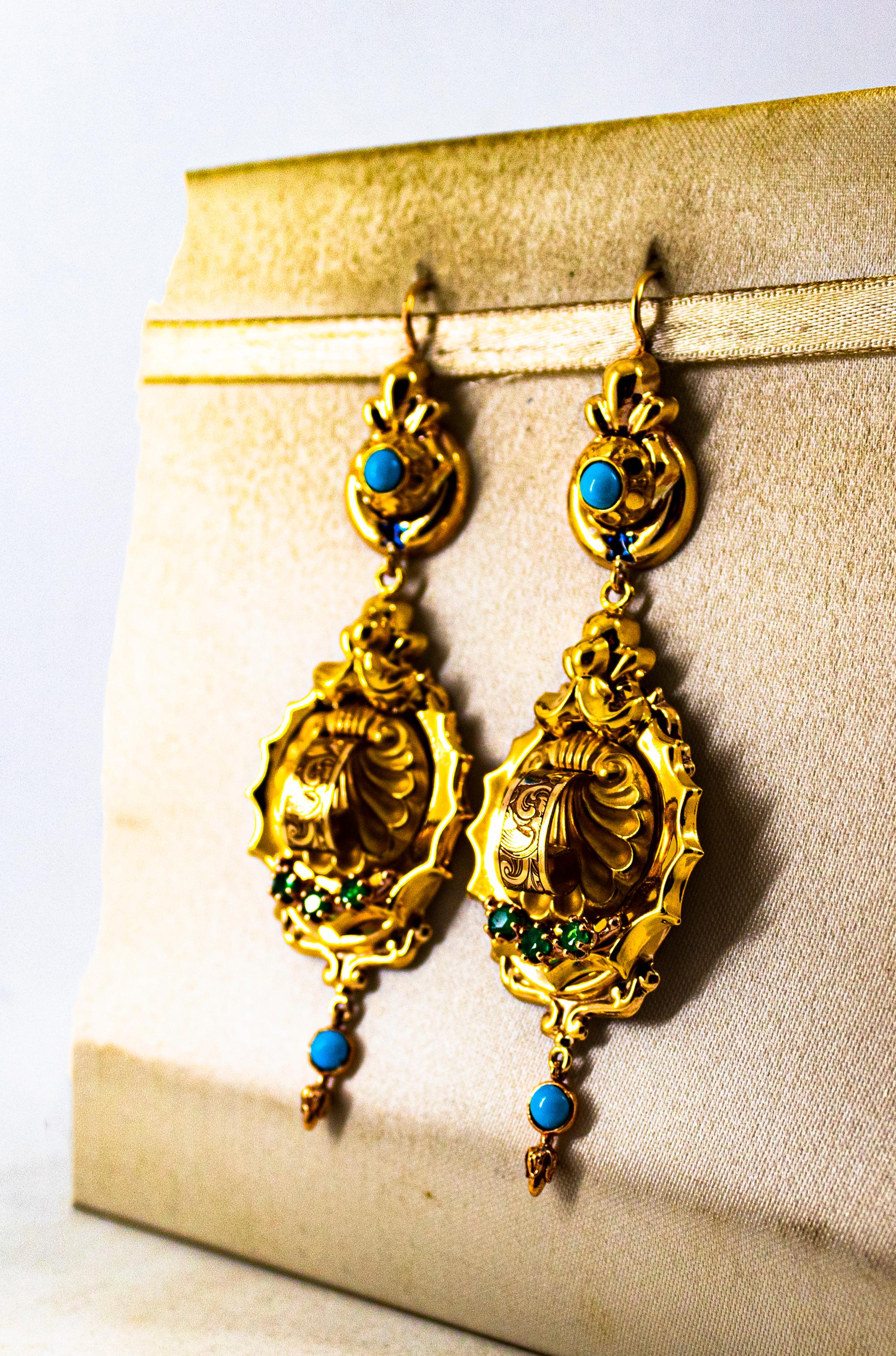 Art Deco Style 0.60 Carat Emerald Turquoise Enamel Yellow Gold Drop Earrings For Sale 1