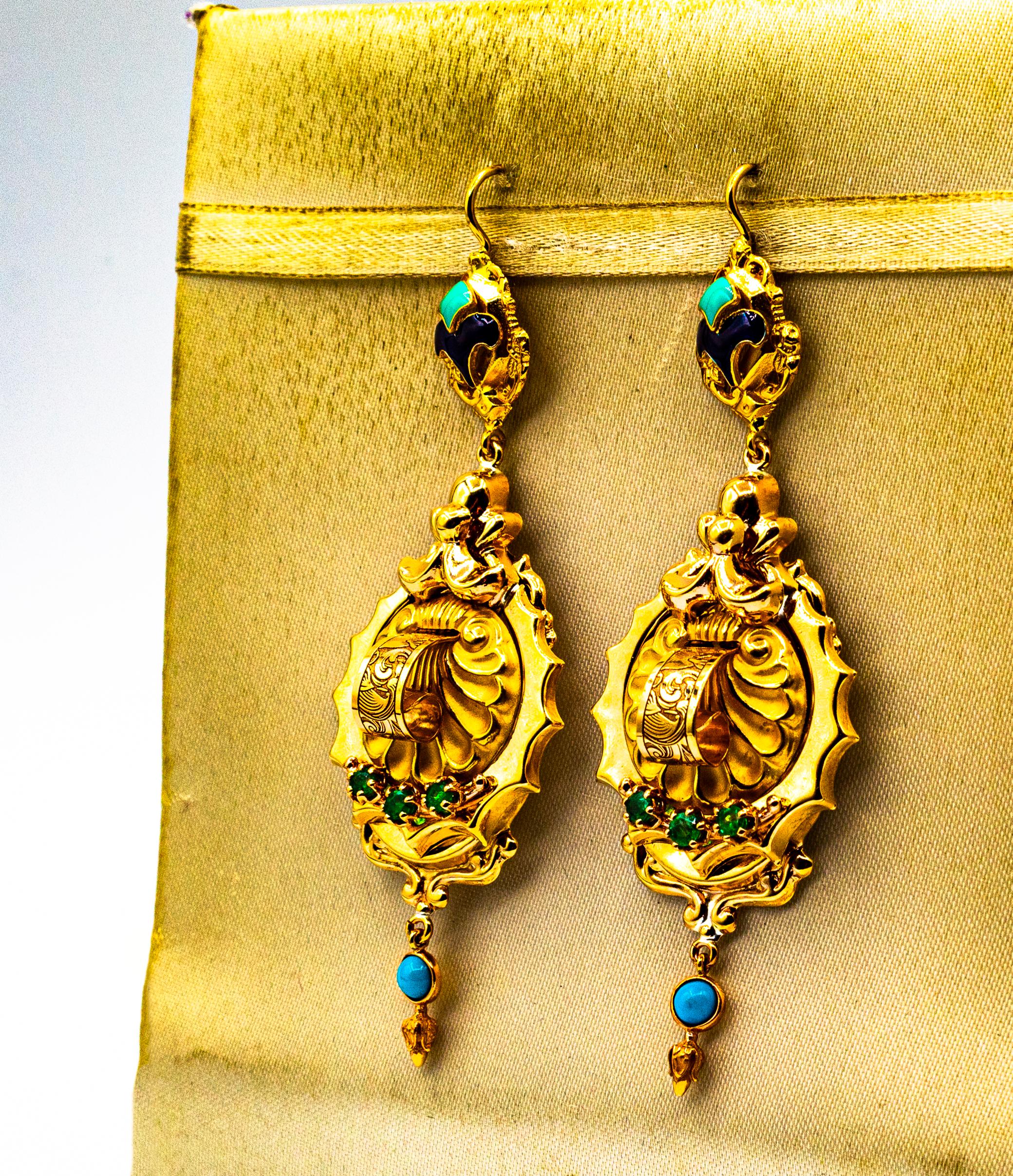 Art Deco Style 0.60 Carat Emerald Turquoise Enamel Yellow Gold Drop Earrings For Sale 1