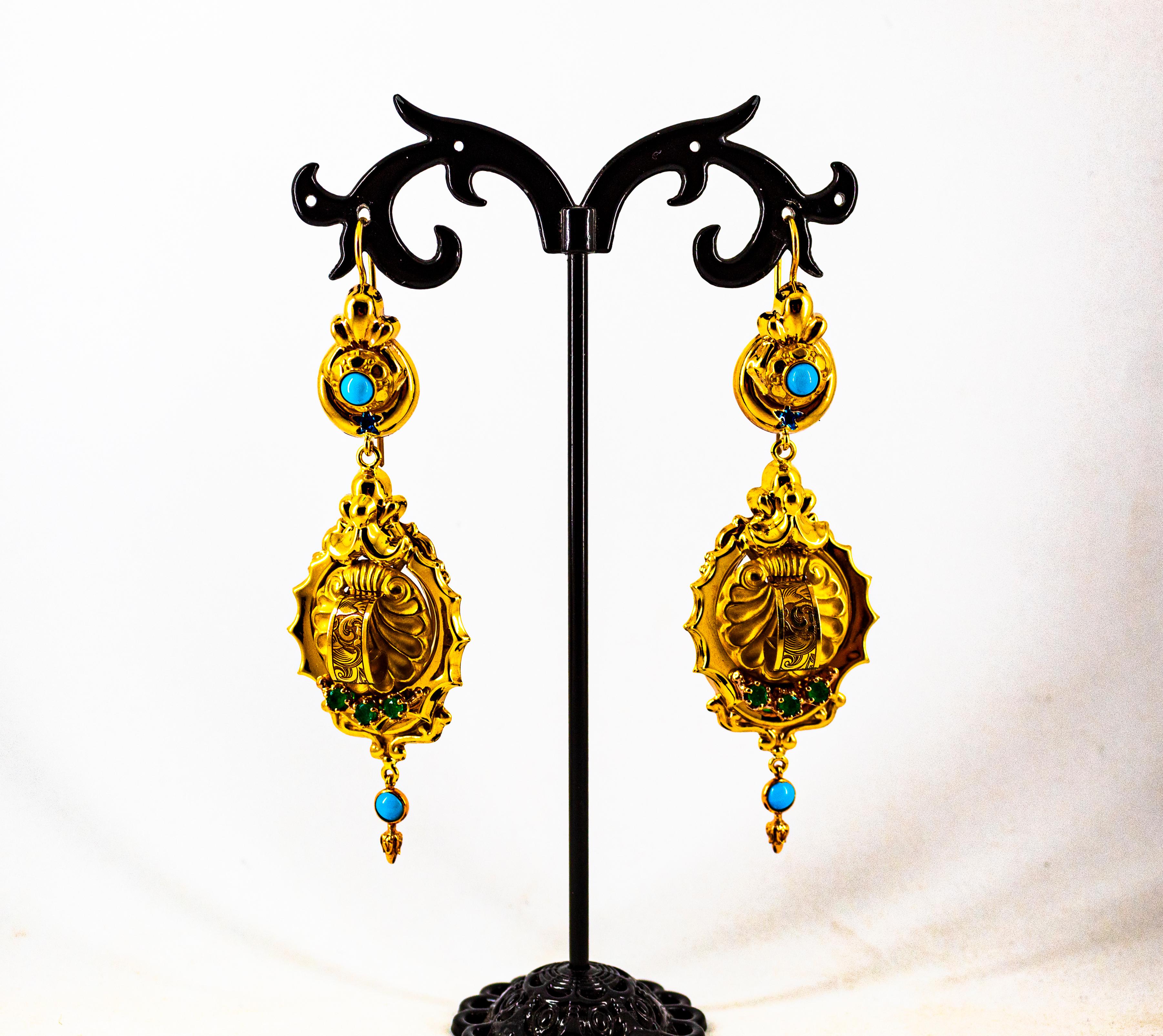 Art Deco Style 0.60 Carat Emerald Turquoise Enamel Yellow Gold Drop Earrings For Sale 2