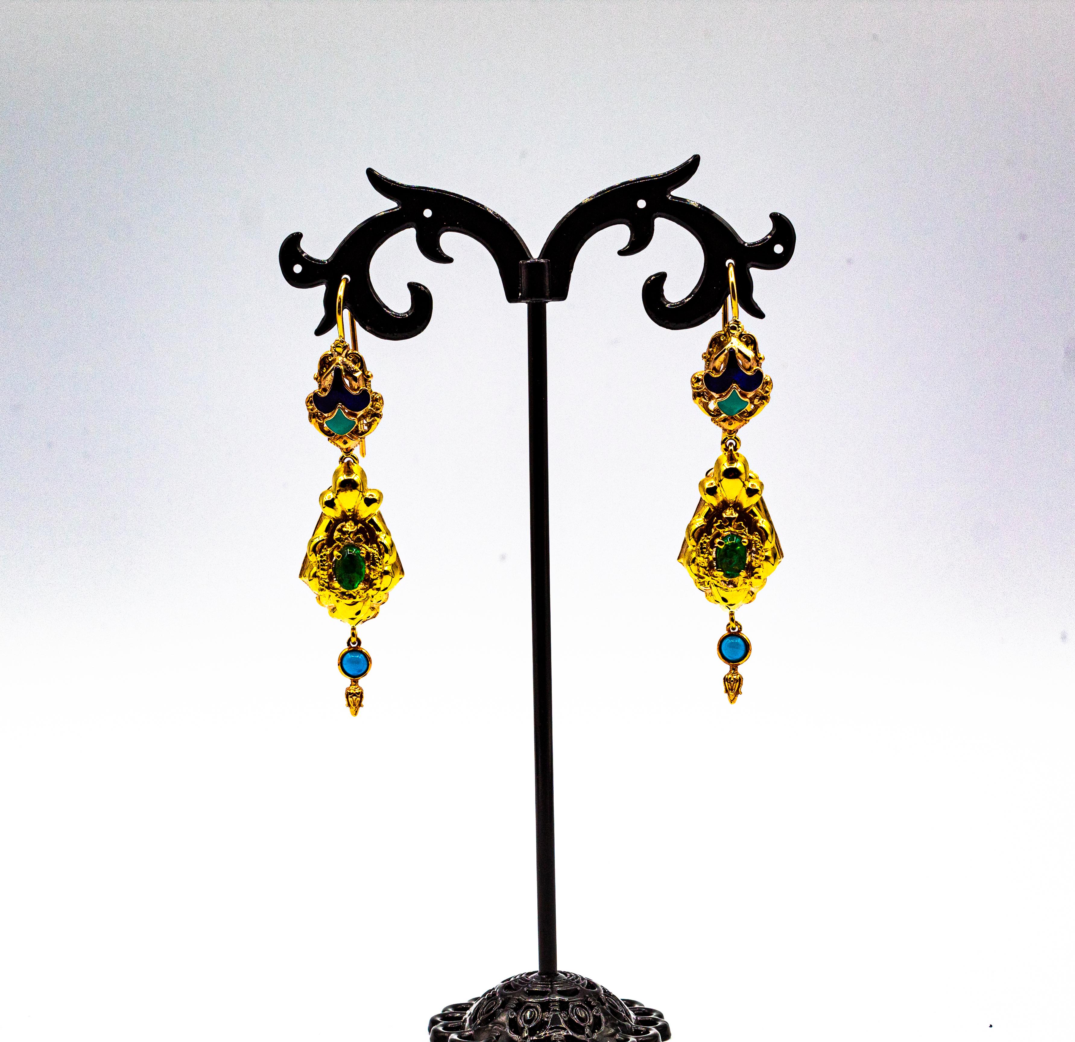 Art Deco Style 0.60 Carat Emerald Turquoise Enamel Yellow Gold Drop Earrings For Sale 2