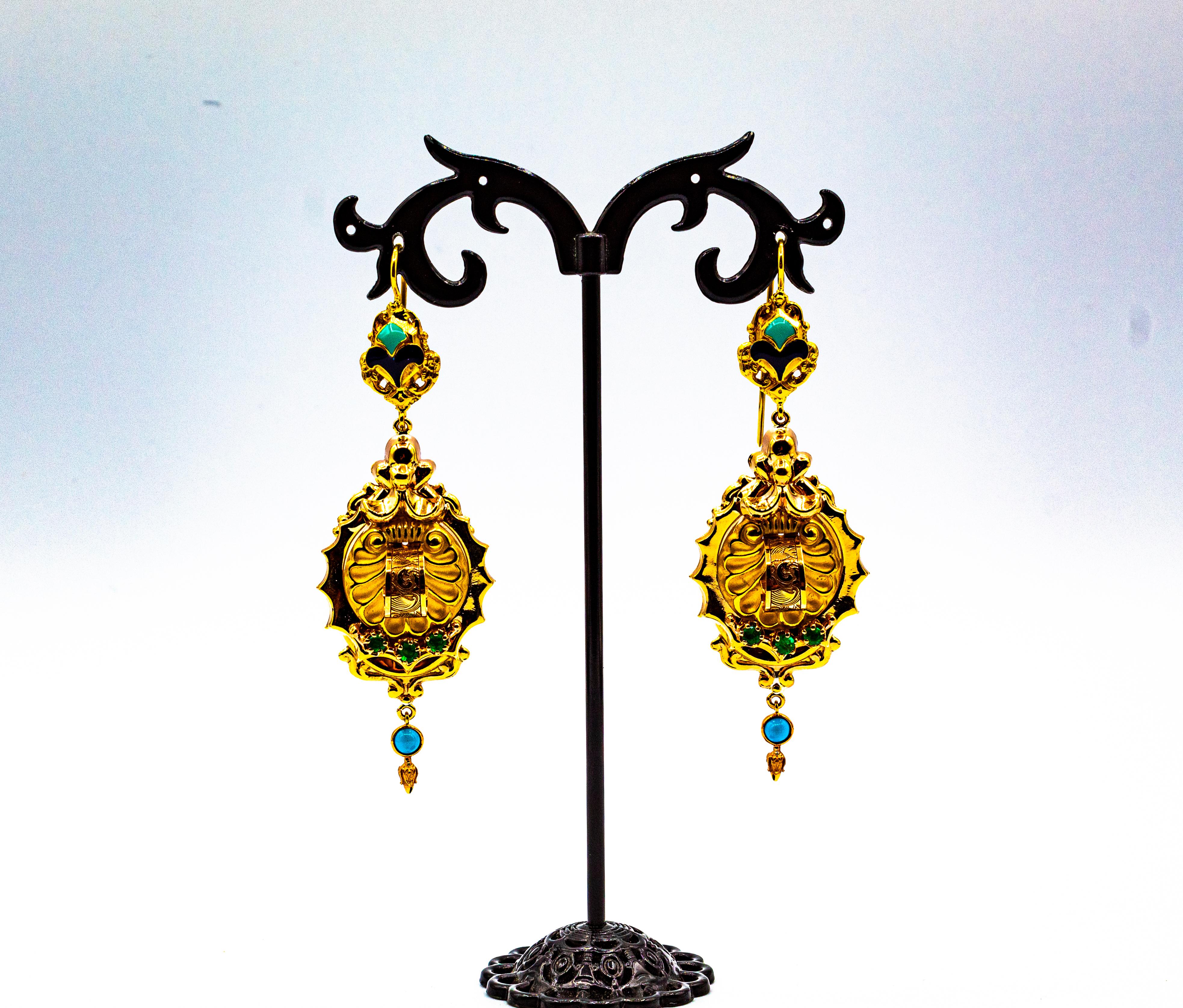Art Deco Style 0.60 Carat Emerald Turquoise Enamel Yellow Gold Drop Earrings For Sale 2