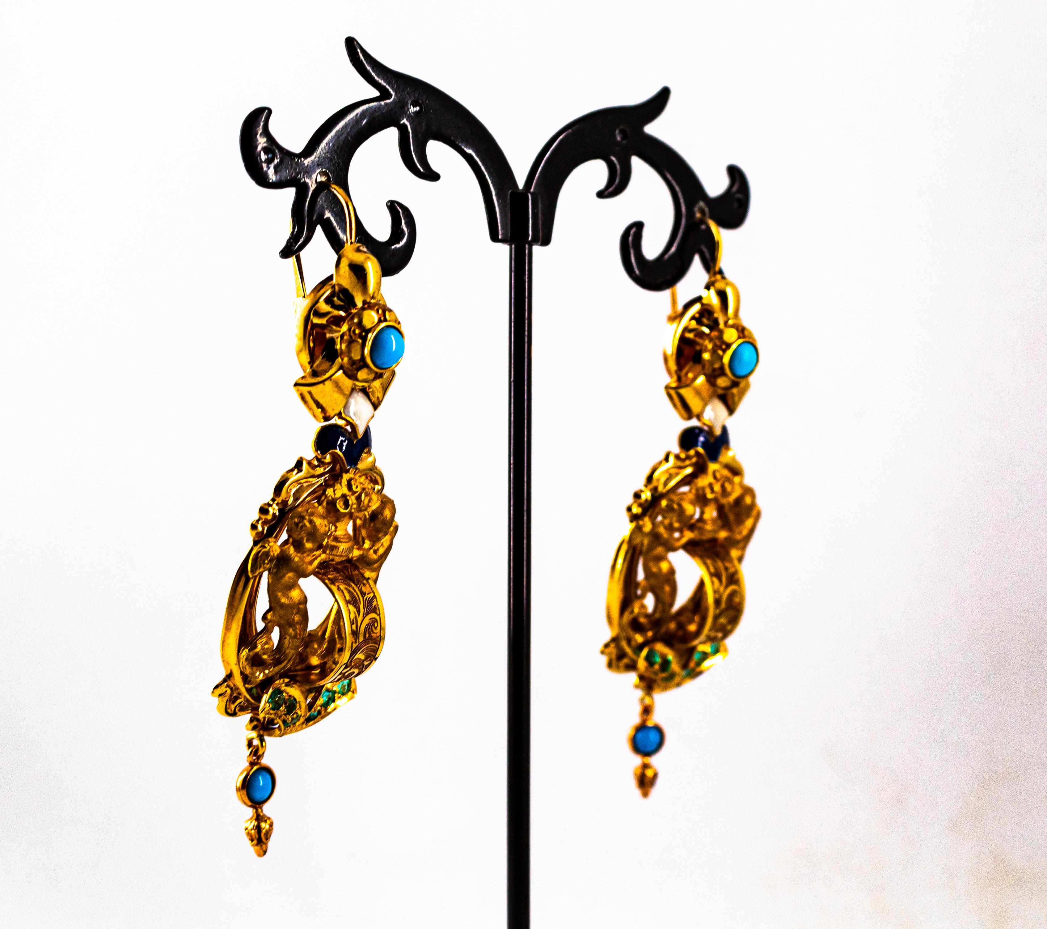Art Deco Style 0.60 Carat Emerald Turquoise Enamel Yellow Gold Drop Earrings For Sale 3