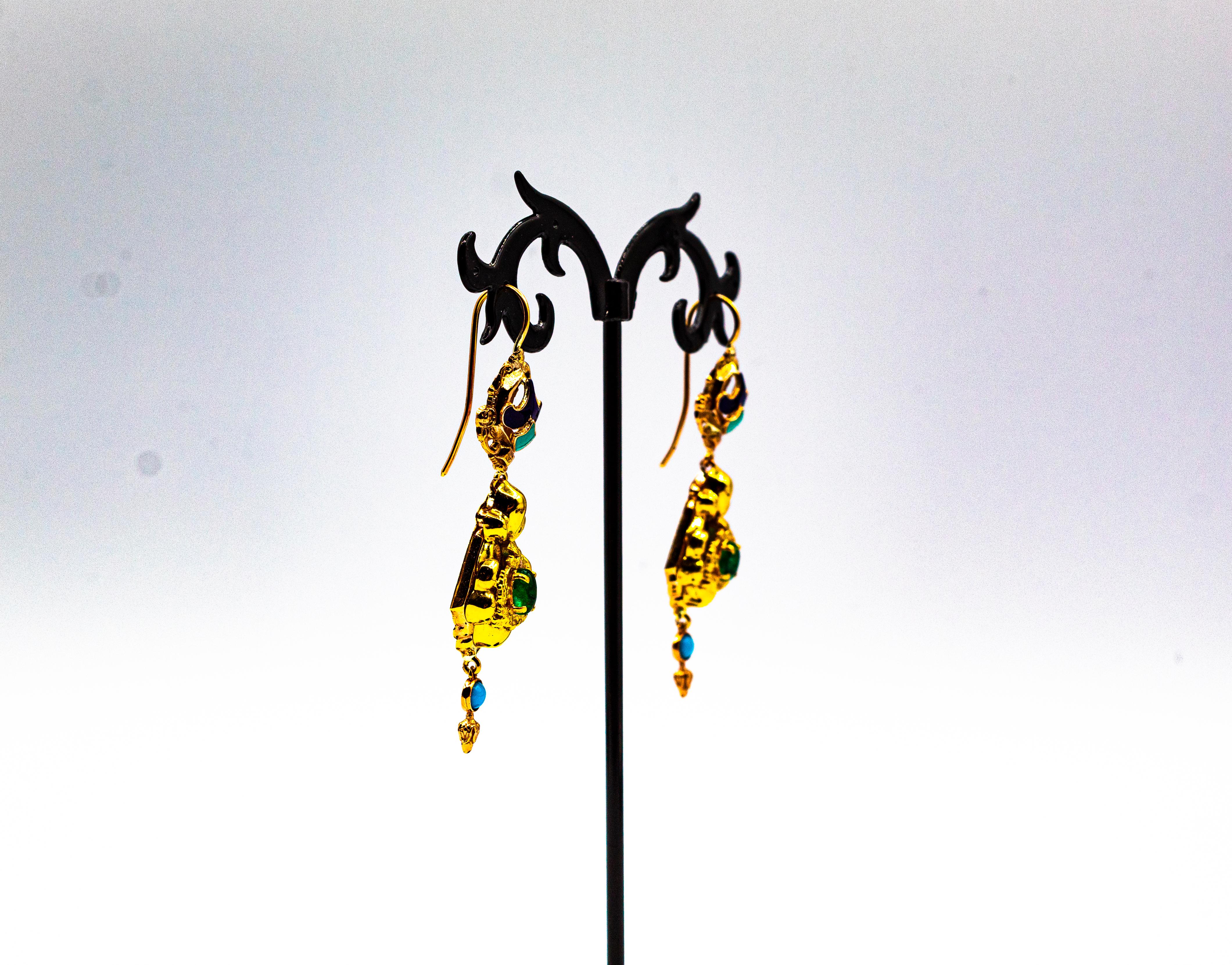 Art Deco Style 0.60 Carat Emerald Turquoise Enamel Yellow Gold Drop Earrings For Sale 3