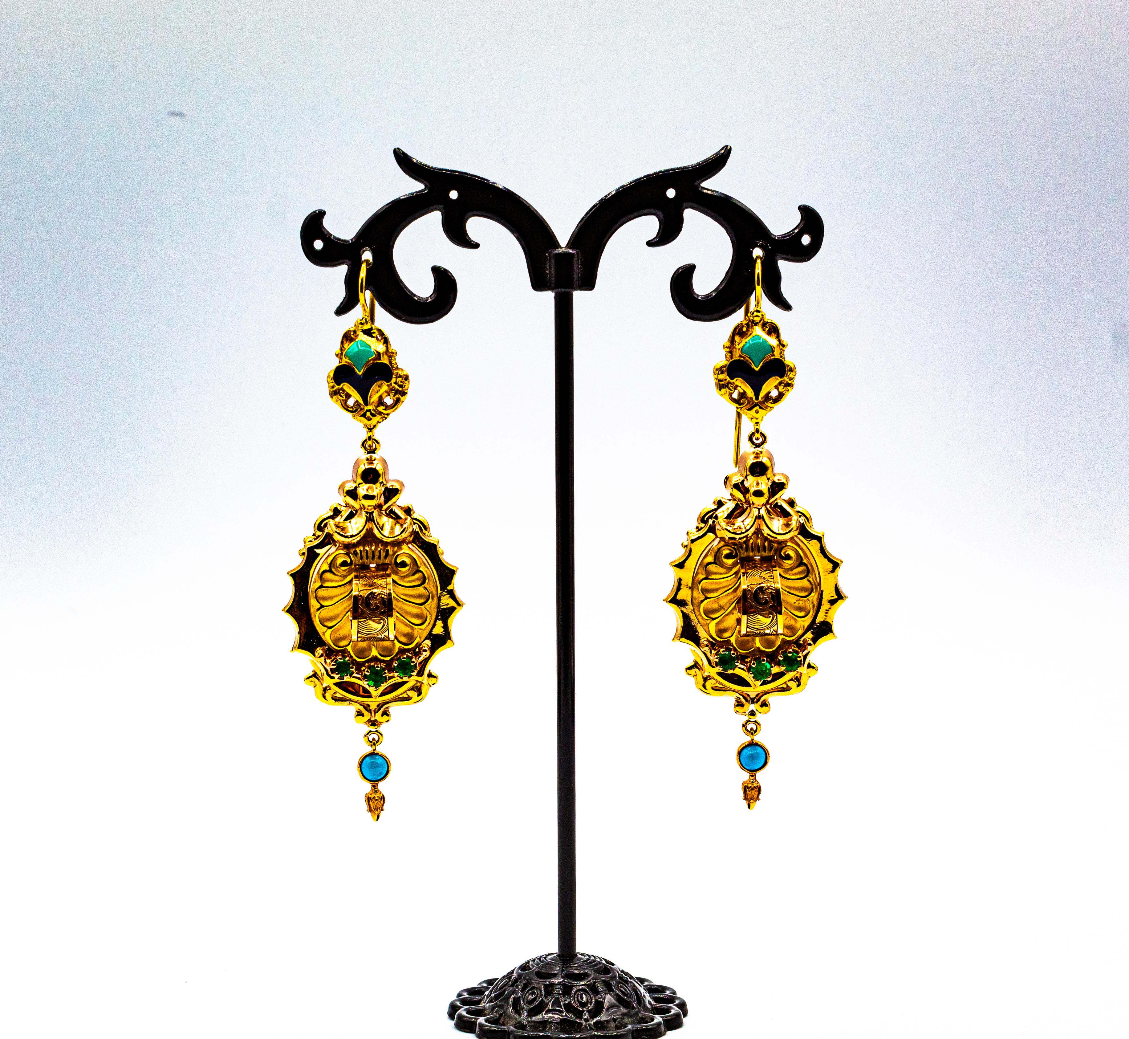 Art Deco Style 0.60 Carat Emerald Turquoise Enamel Yellow Gold Drop Earrings For Sale 3