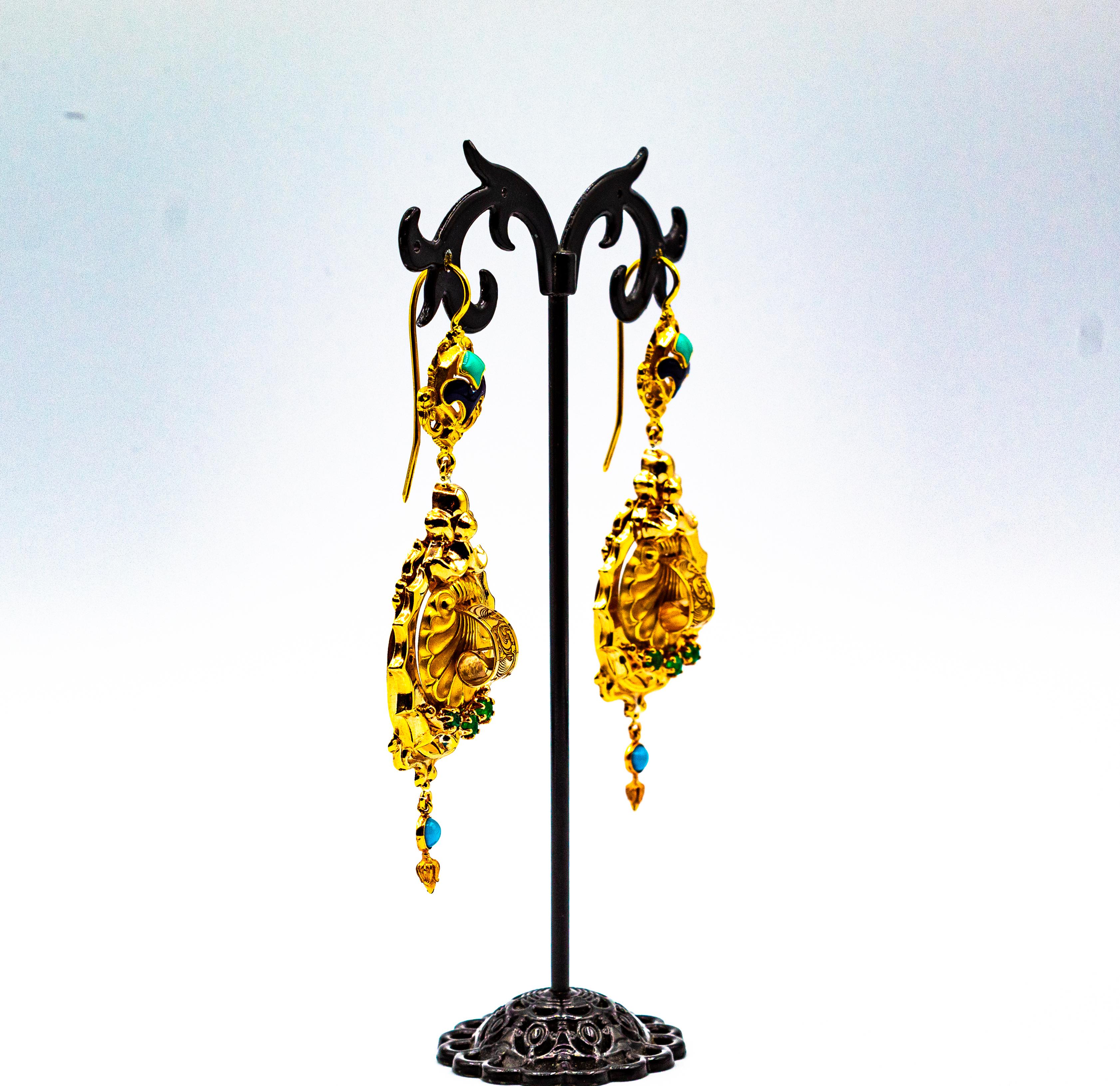 Art Deco Style 0.60 Carat Emerald Turquoise Enamel Yellow Gold Drop Earrings For Sale 4