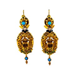 Boucles d'oreilles en goutte en or jaune de style Art déco avec émeraude, turquoise et émail de 0,60 carat