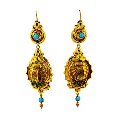 Art Deco Style 0.60 Carat Emerald Turquoise Enamel Yellow Gold Drop Earrings