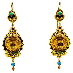 Art Deco Style 0.60 Carat Emerald Turquoise Enamel Yellow Gold Drop Earrings