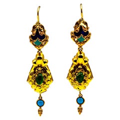 Art Deco Style 0.60 Carat Emerald Turquoise Enamel Yellow Gold Drop Earrings