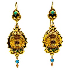 Gelbgold-Tropfen-Ohrringe im Art-déco-Stil mit 0,60 Karat Smaragd, Türkis und Emaille