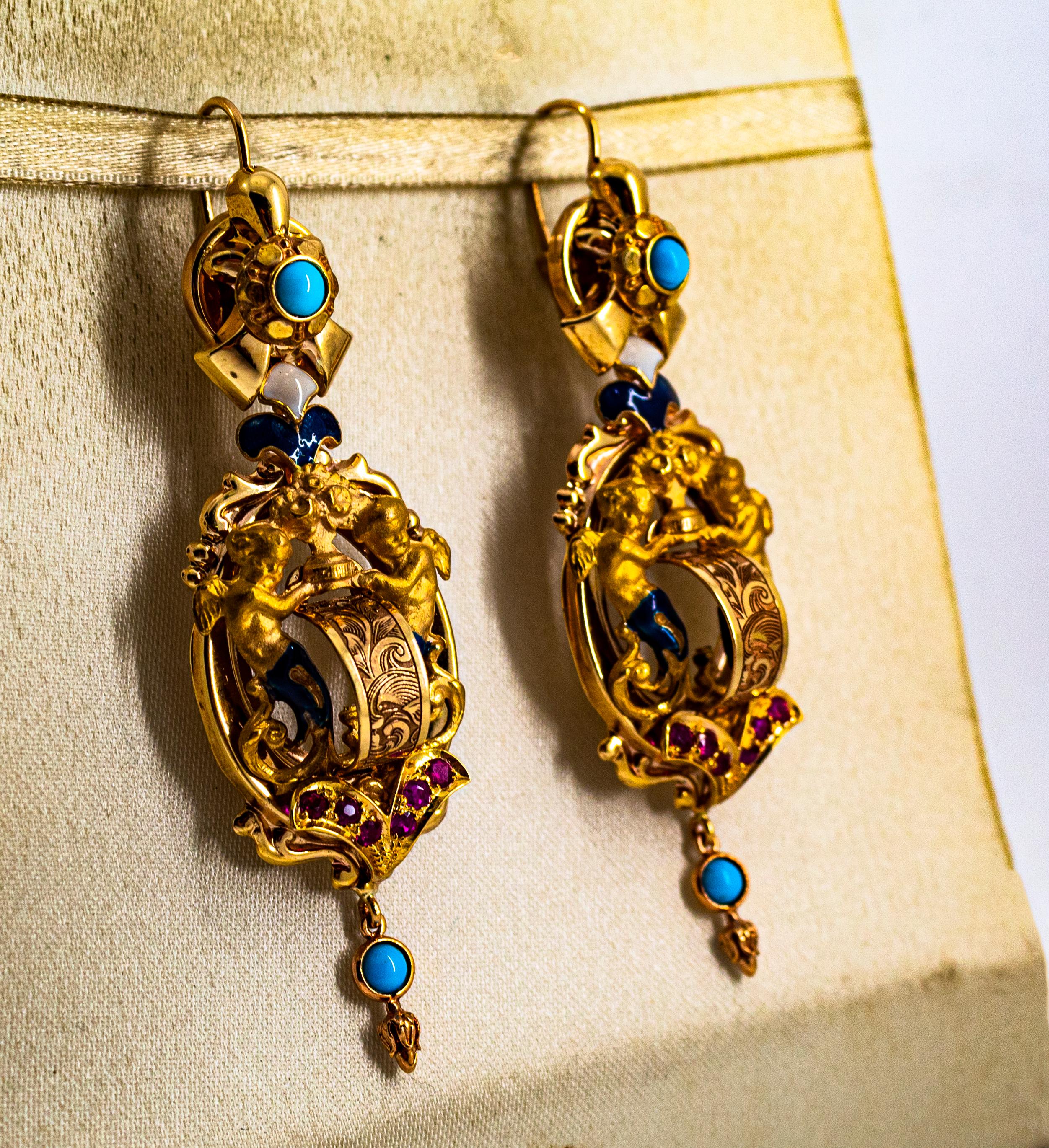 Brilliant Cut Art Deco Style 0.60 Carat Ruby Turquoise Enamel Yellow Gold Lever-Back Earrings For Sale