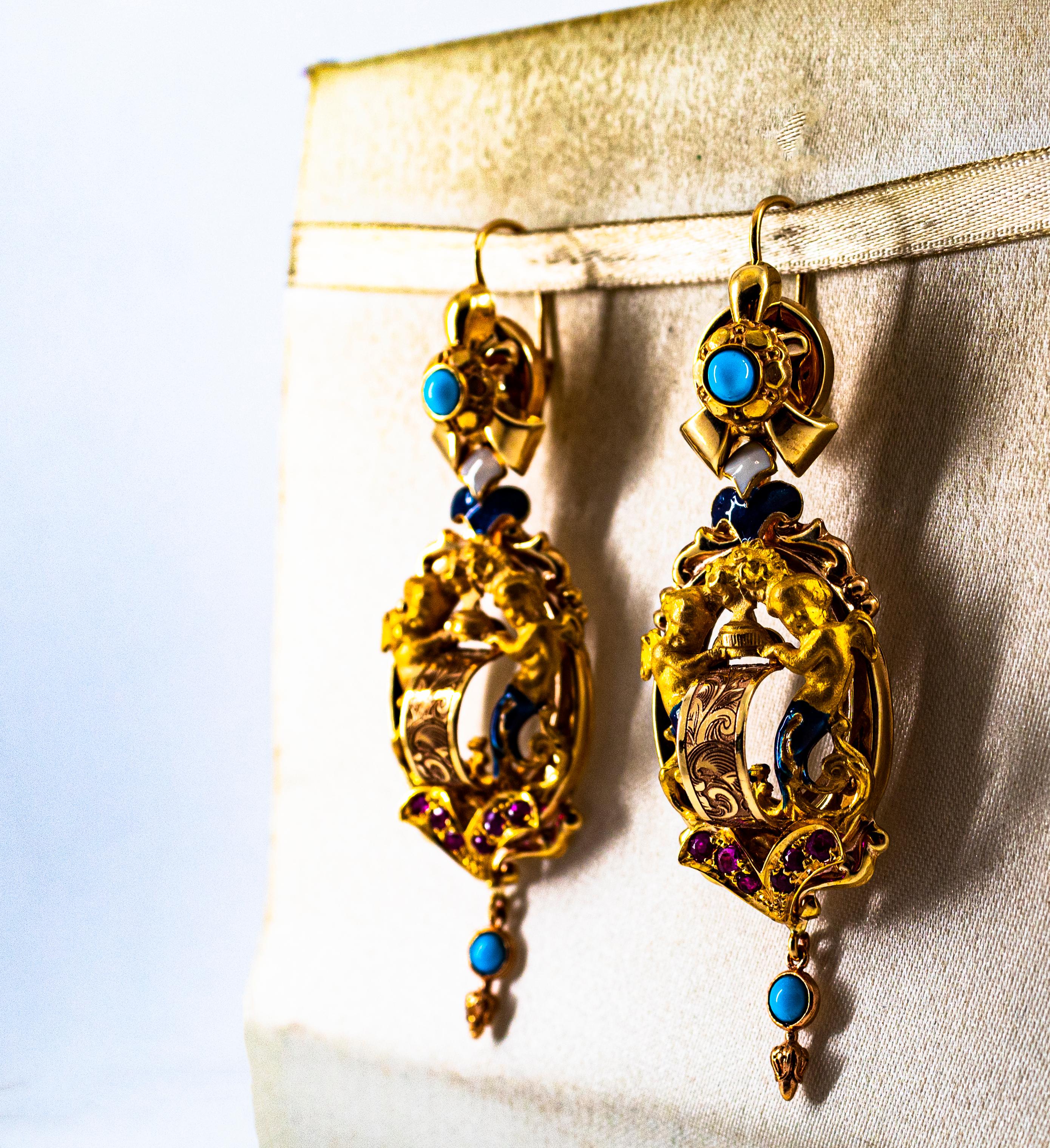 Art Deco Style 0.60 Carat Ruby Turquoise Enamel Yellow Gold Lever-Back Earrings In New Condition For Sale In Naples, IT