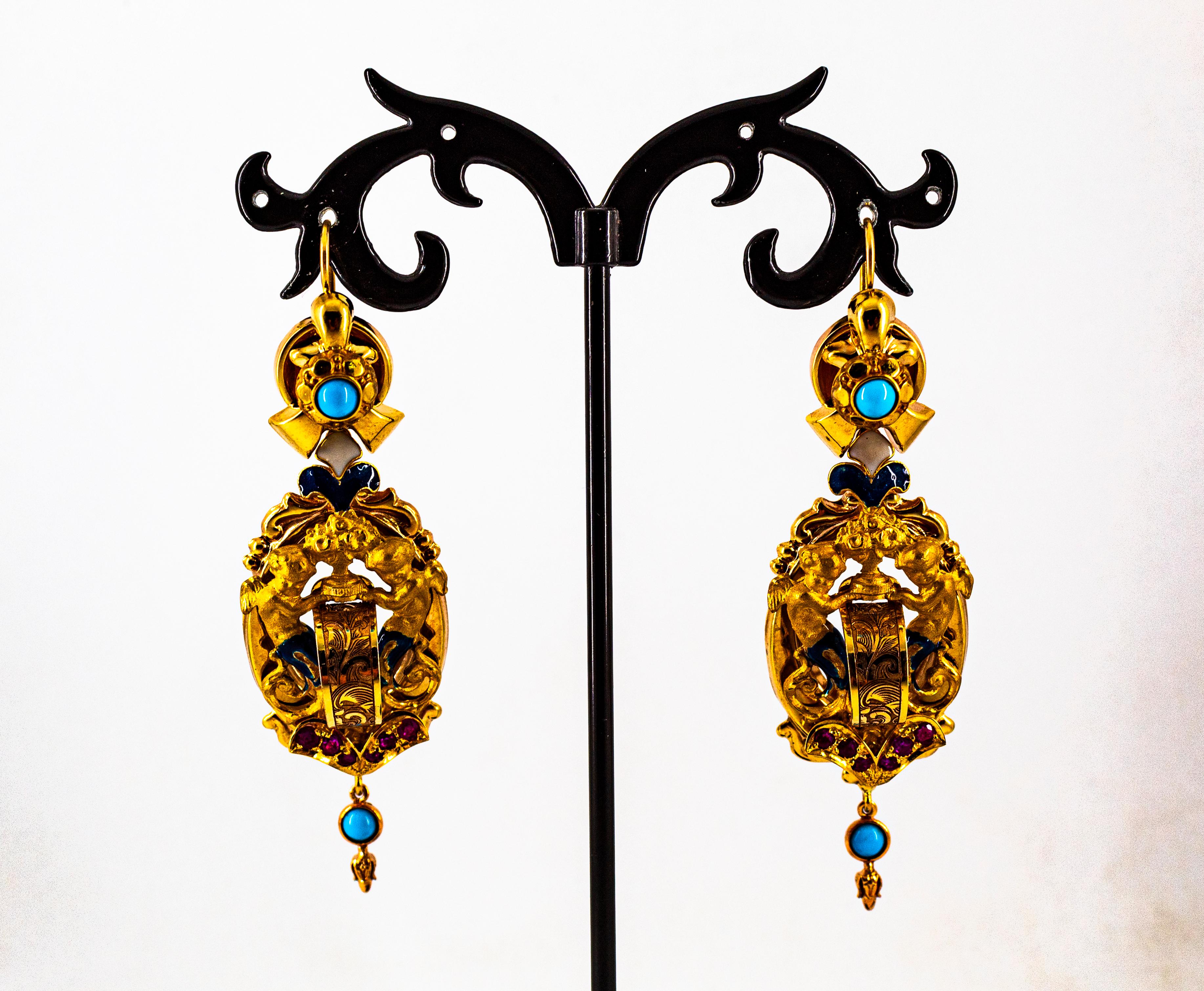 Women's or Men's Art Deco Style 0.60 Carat Ruby Turquoise Enamel Yellow Gold Lever-Back Earrings For Sale