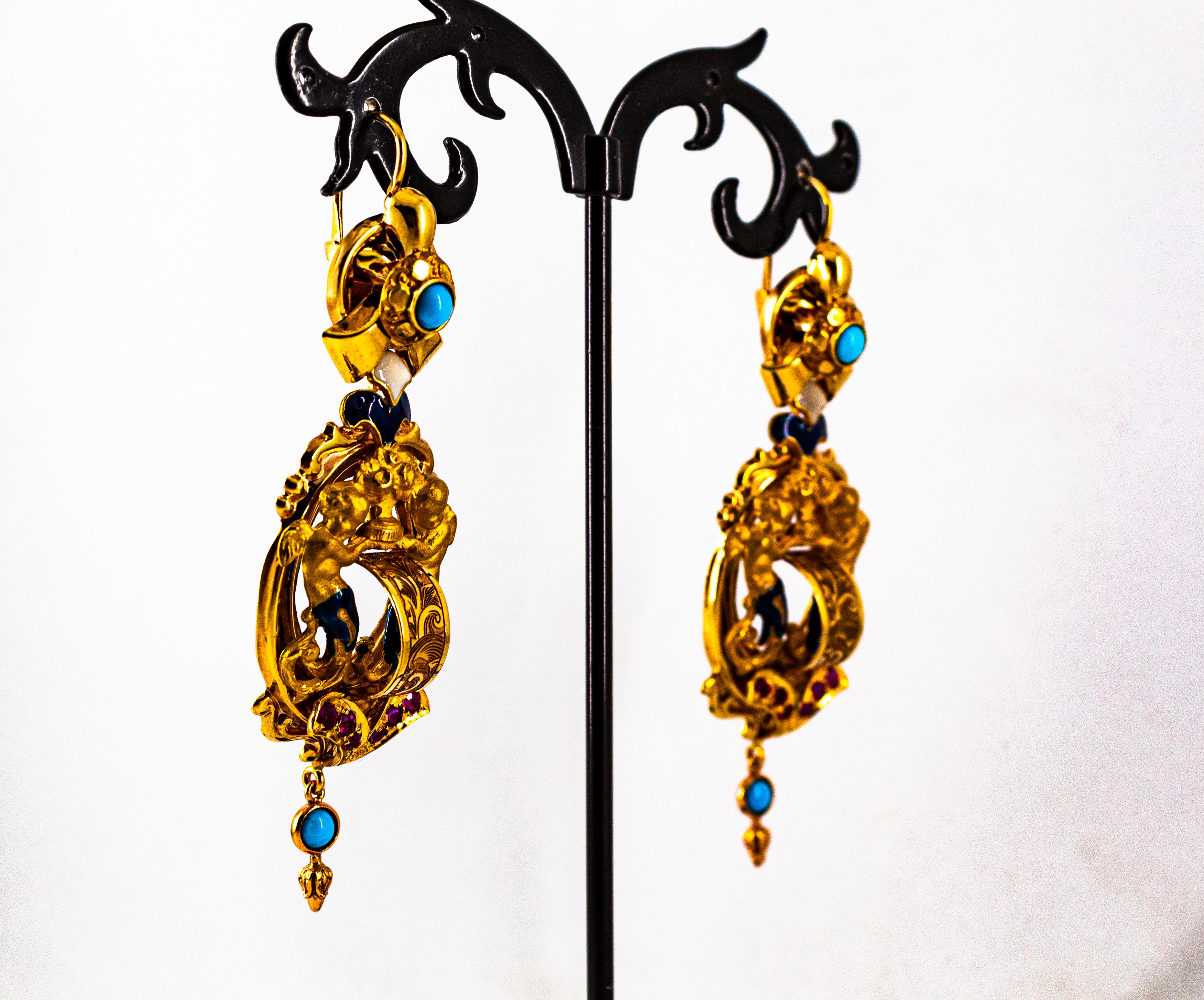Art Deco Style 0.60 Carat Ruby Turquoise Enamel Yellow Gold Lever-Back Earrings For Sale 1