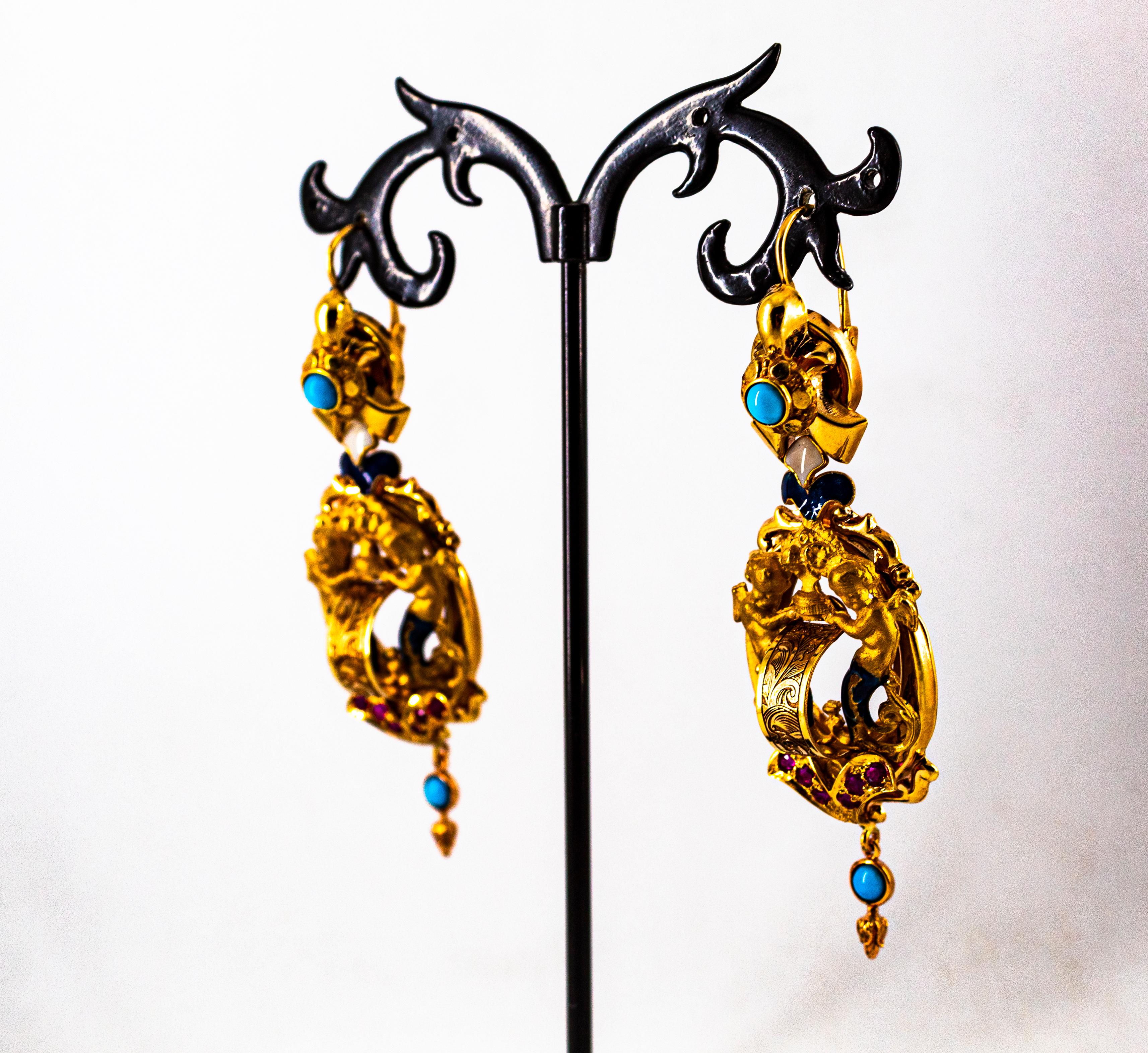 Art Deco Style 0.60 Carat Ruby Turquoise Enamel Yellow Gold Lever-Back Earrings For Sale 3