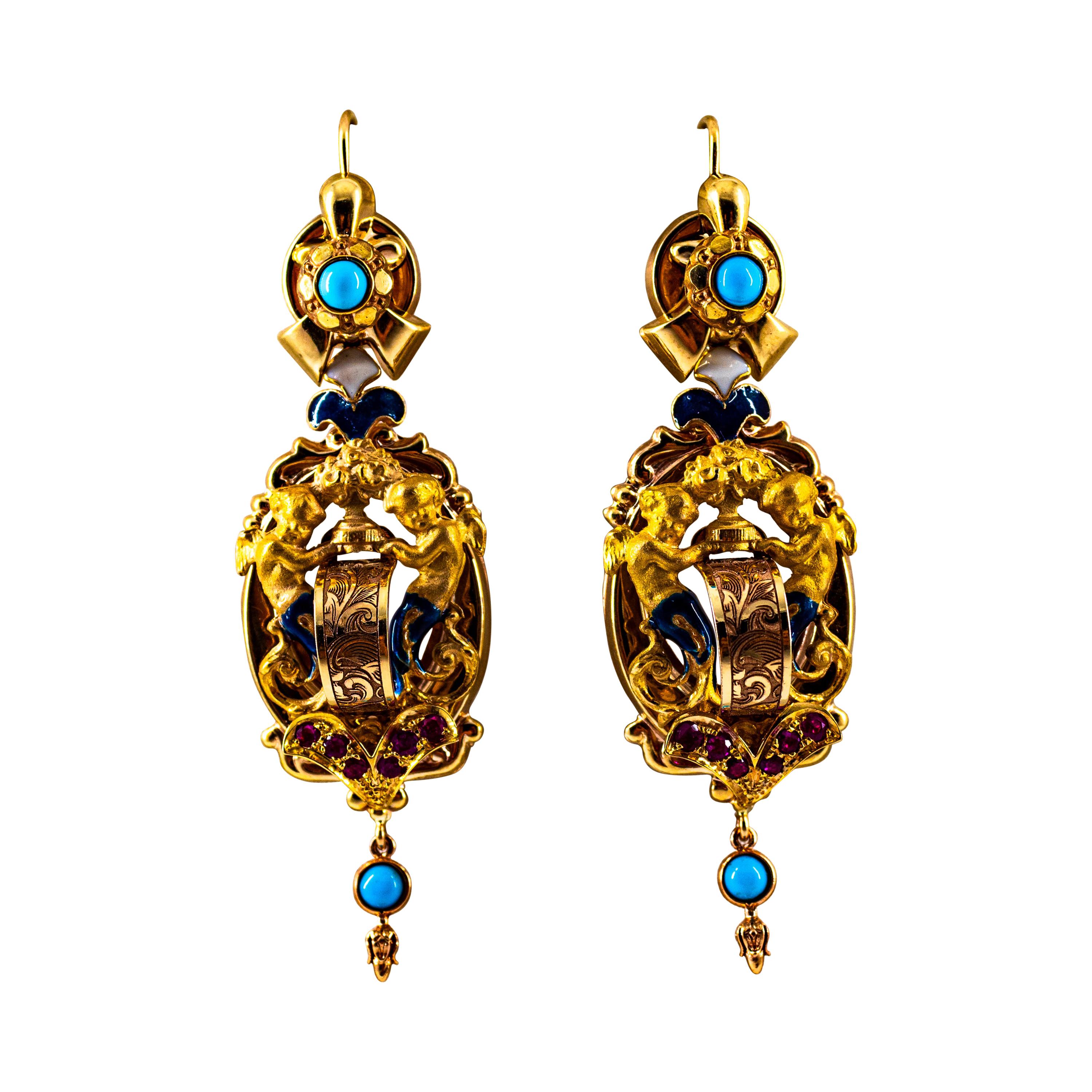 Art Deco Style 0.60 Carat Ruby Turquoise Enamel Yellow Gold Lever-Back Earrings For Sale