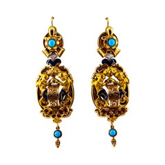Art Deco Style 0.60 Carat Ruby Turquoise Enamel Yellow Gold Lever-Back Earrings