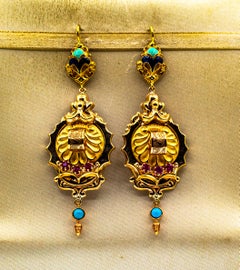 Art Deco Style 0.60 Carat Ruby Turquoise Enamel Yellow Gold Stud Drop Earrings