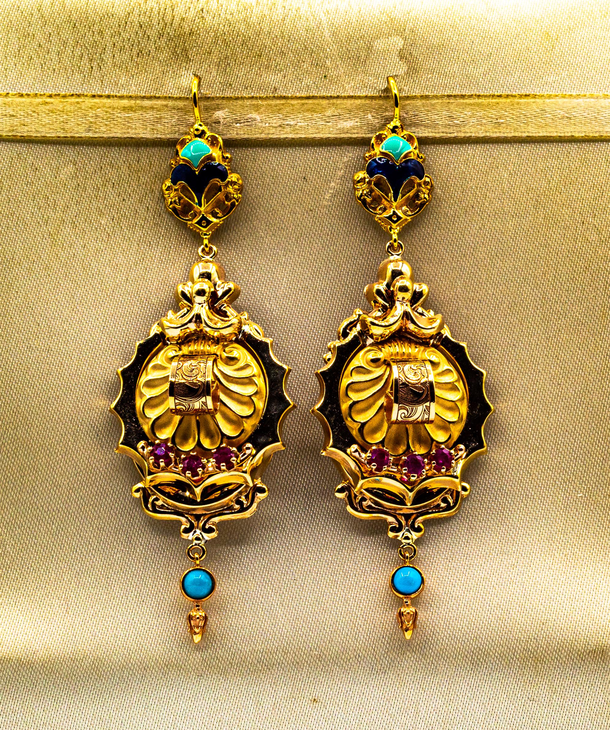 Brilliant Cut Art Deco Style 0.60 Carat Ruby Turquoise Enamel Yellow Gold Stud Drop Earrings For Sale