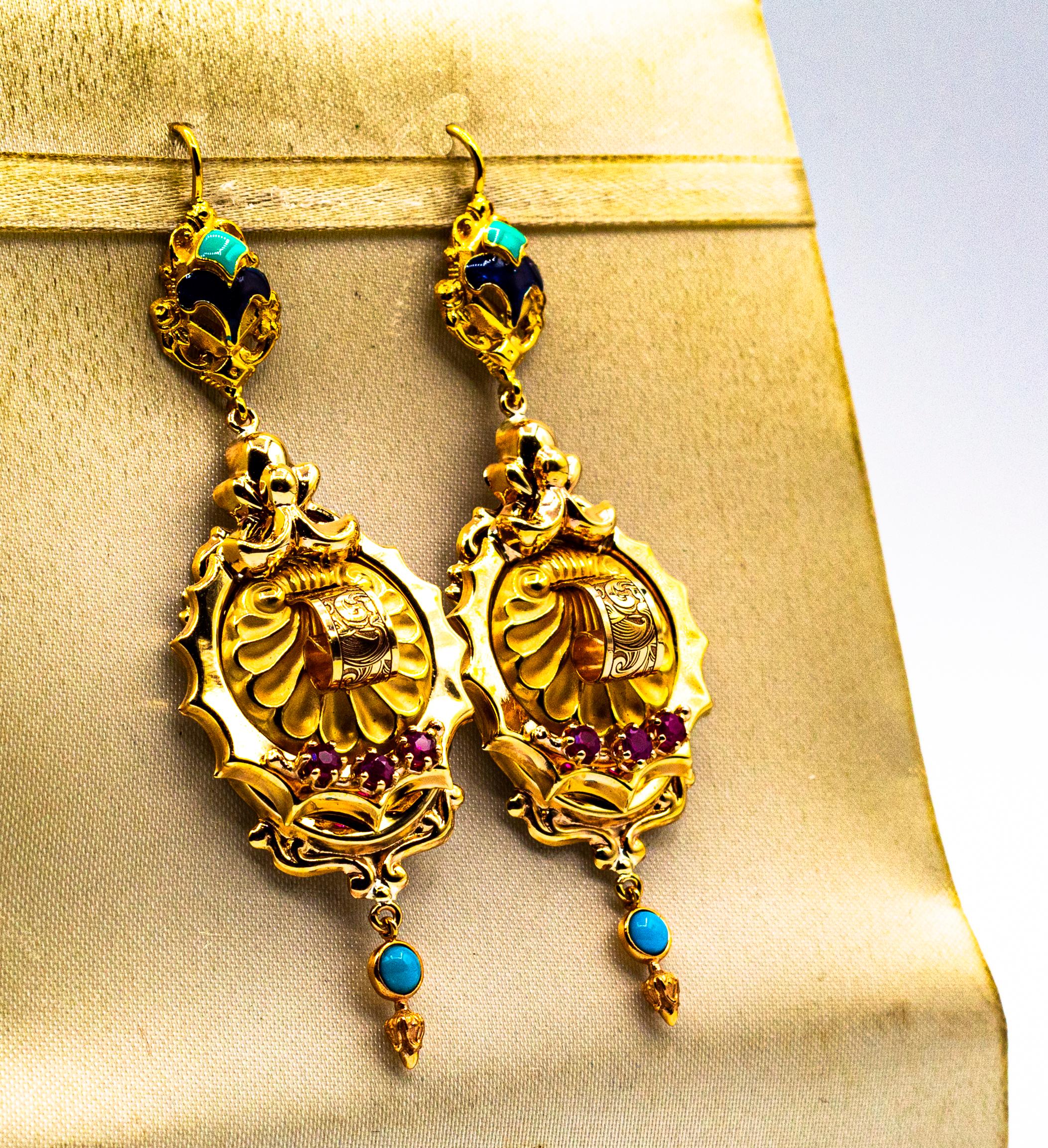 Art Deco Style 0.60 Carat Ruby Turquoise Enamel Yellow Gold Stud Drop Earrings In New Condition For Sale In Naples, IT