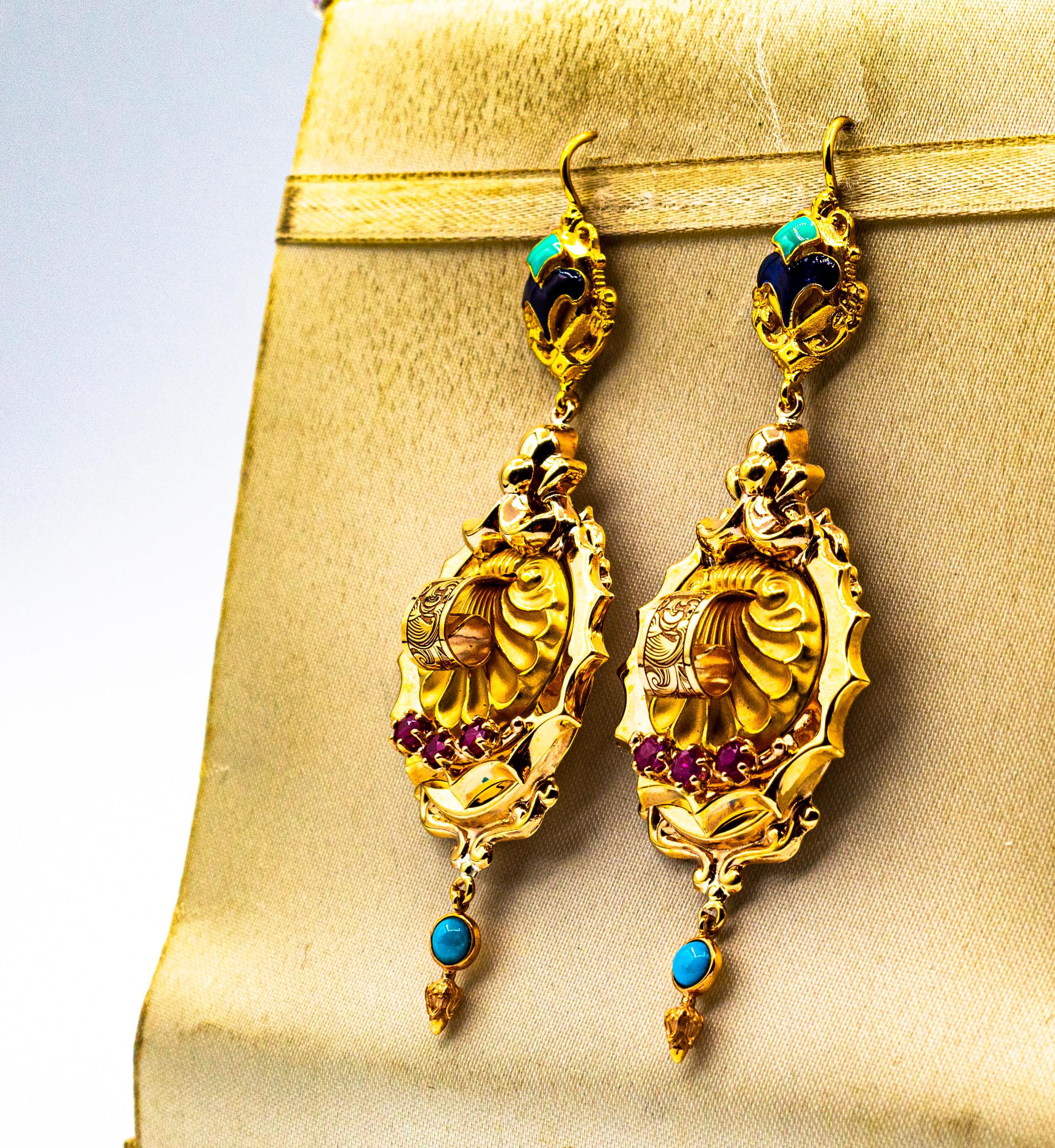 Women's or Men's Art Deco Style 0.60 Carat Ruby Turquoise Enamel Yellow Gold Stud Drop Earrings For Sale