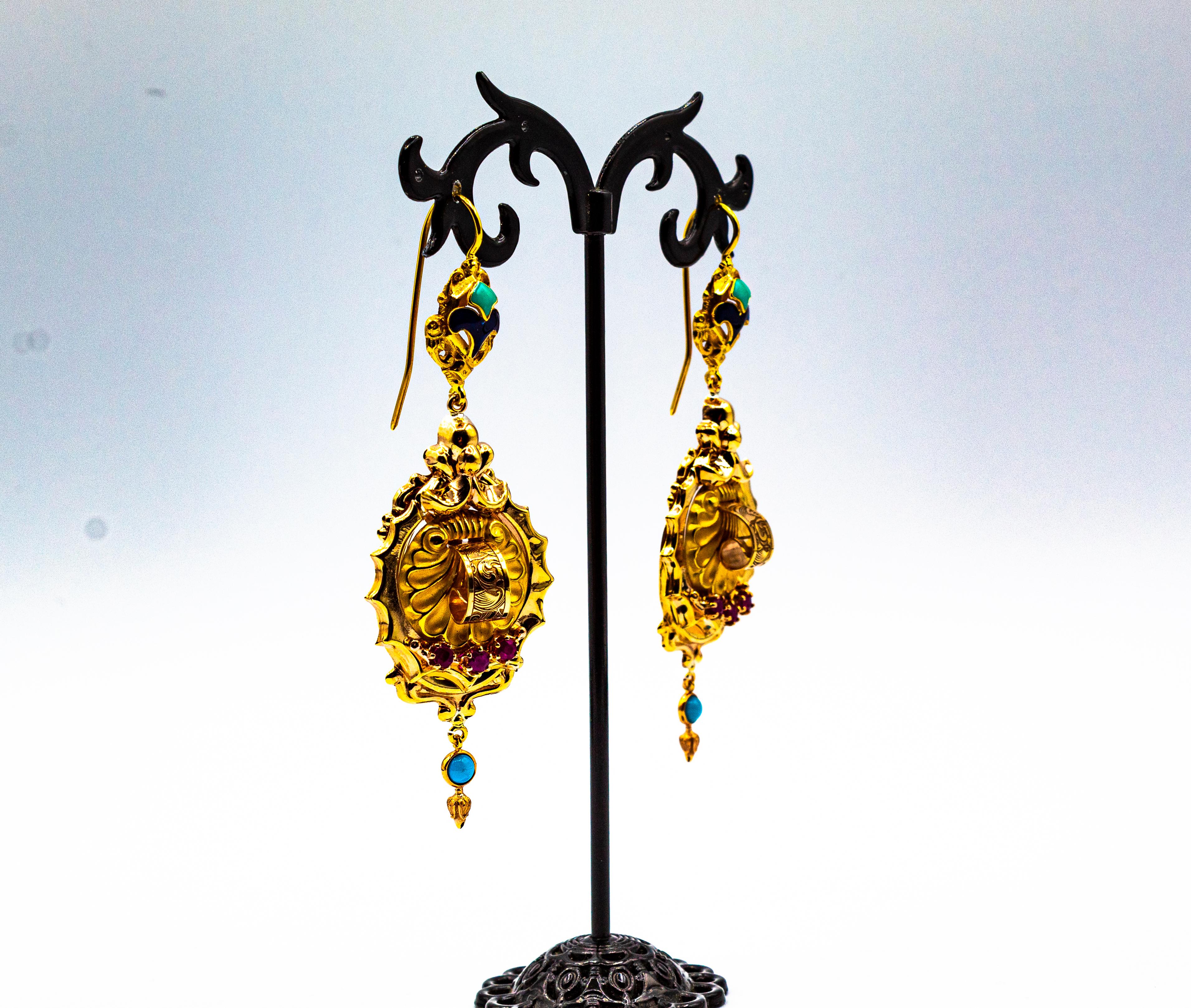 Art Deco Style 0.60 Carat Ruby Turquoise Enamel Yellow Gold Stud Drop Earrings For Sale 1