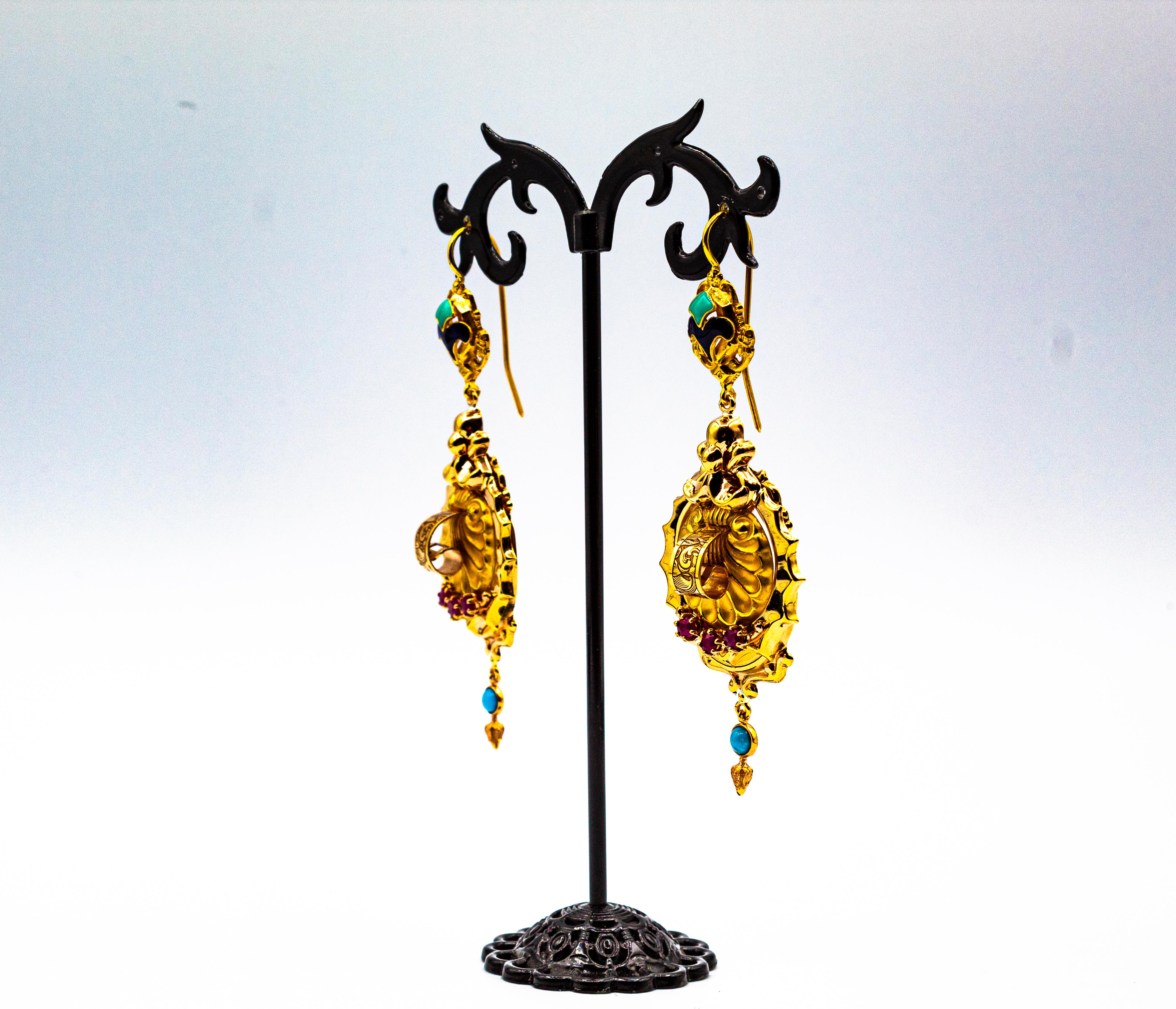 Art Deco Style 0.60 Carat Ruby Turquoise Enamel Yellow Gold Stud Drop Earrings For Sale 3