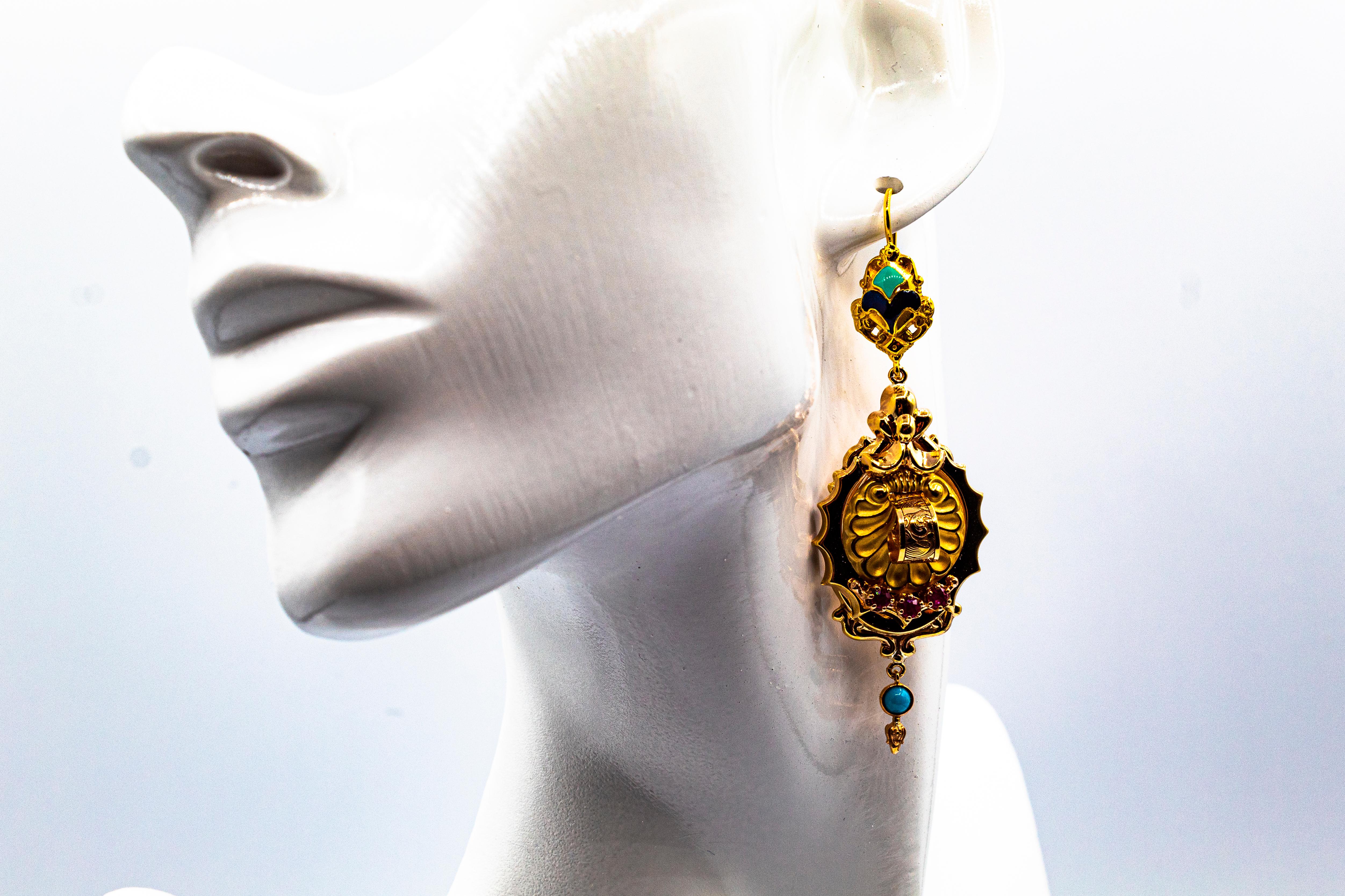 Art Deco Style 0.60 Carat Ruby Turquoise Enamel Yellow Gold Stud Drop Earrings For Sale 4
