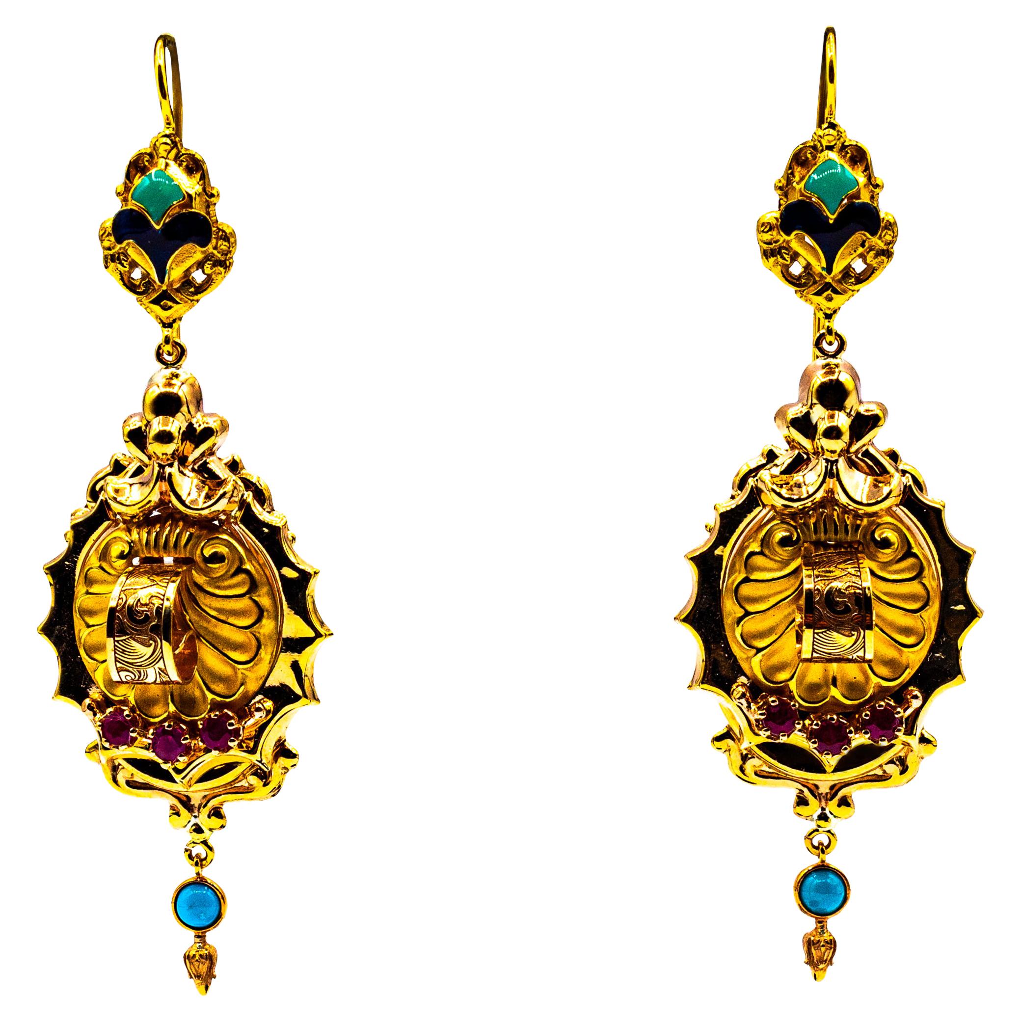 Art Deco Style 0.60 Carat Ruby Turquoise Enamel Yellow Gold Stud Drop Earrings