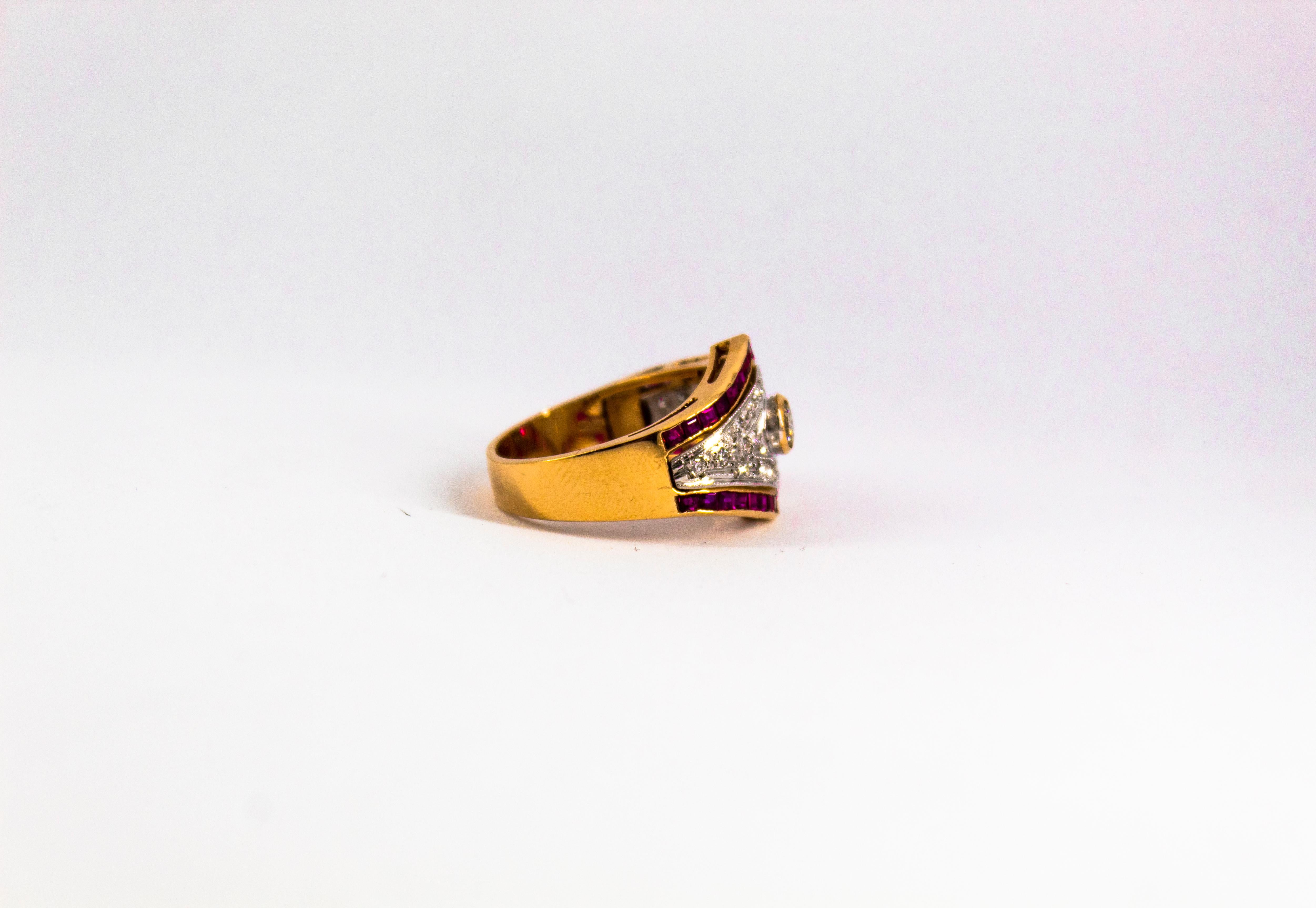Art Deco Style 0.60 Carat White Diamond 1.53 Carat Ruby Yellow Gold Band Ring For Sale 5