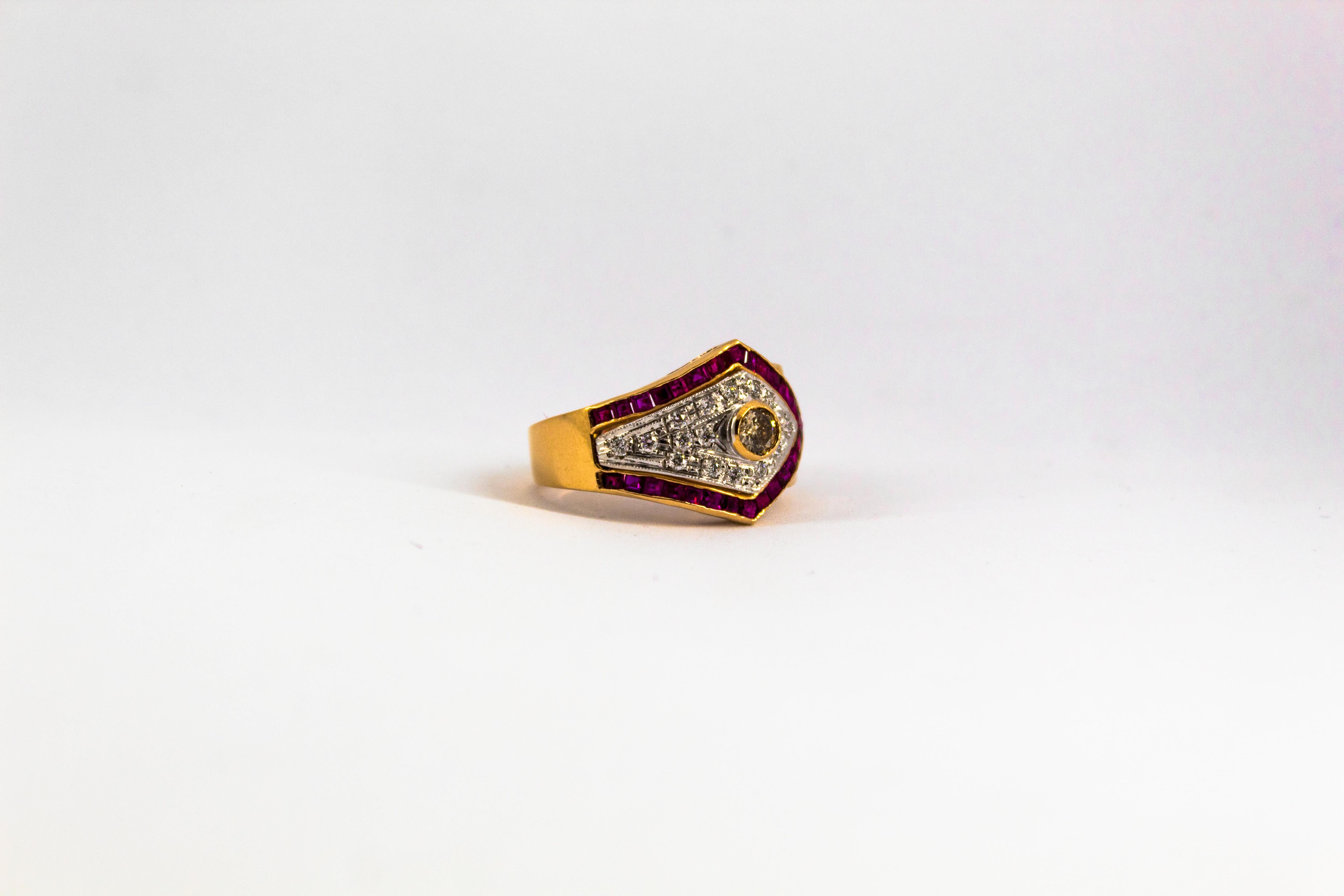 Art Deco Style 0.60 Carat White Diamond 1.53 Carat Ruby Yellow Gold Band Ring 6