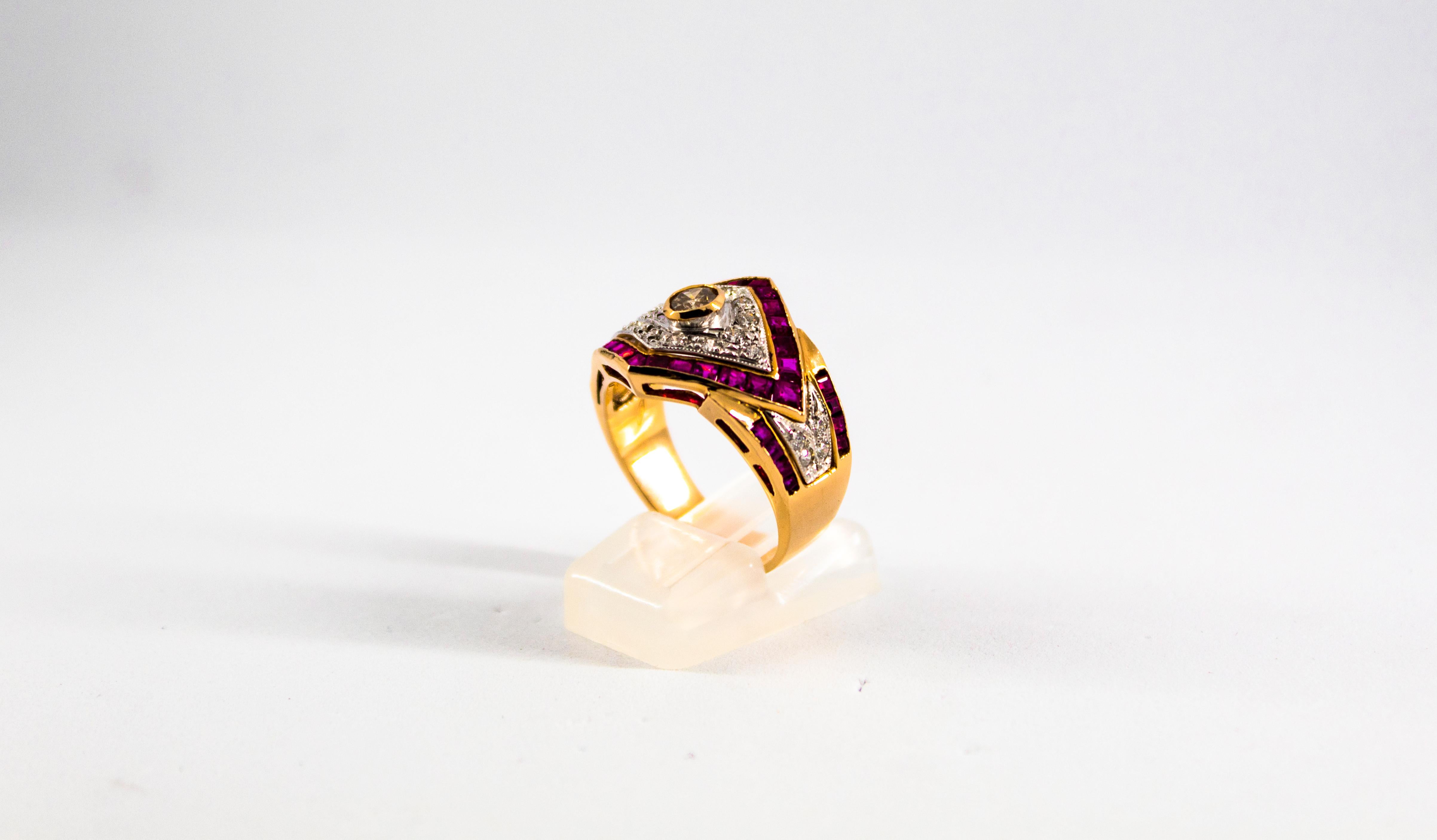 Brilliant Cut Art Deco Style 0.60 Carat White Diamond 1.53 Carat Ruby Yellow Gold Band Ring For Sale