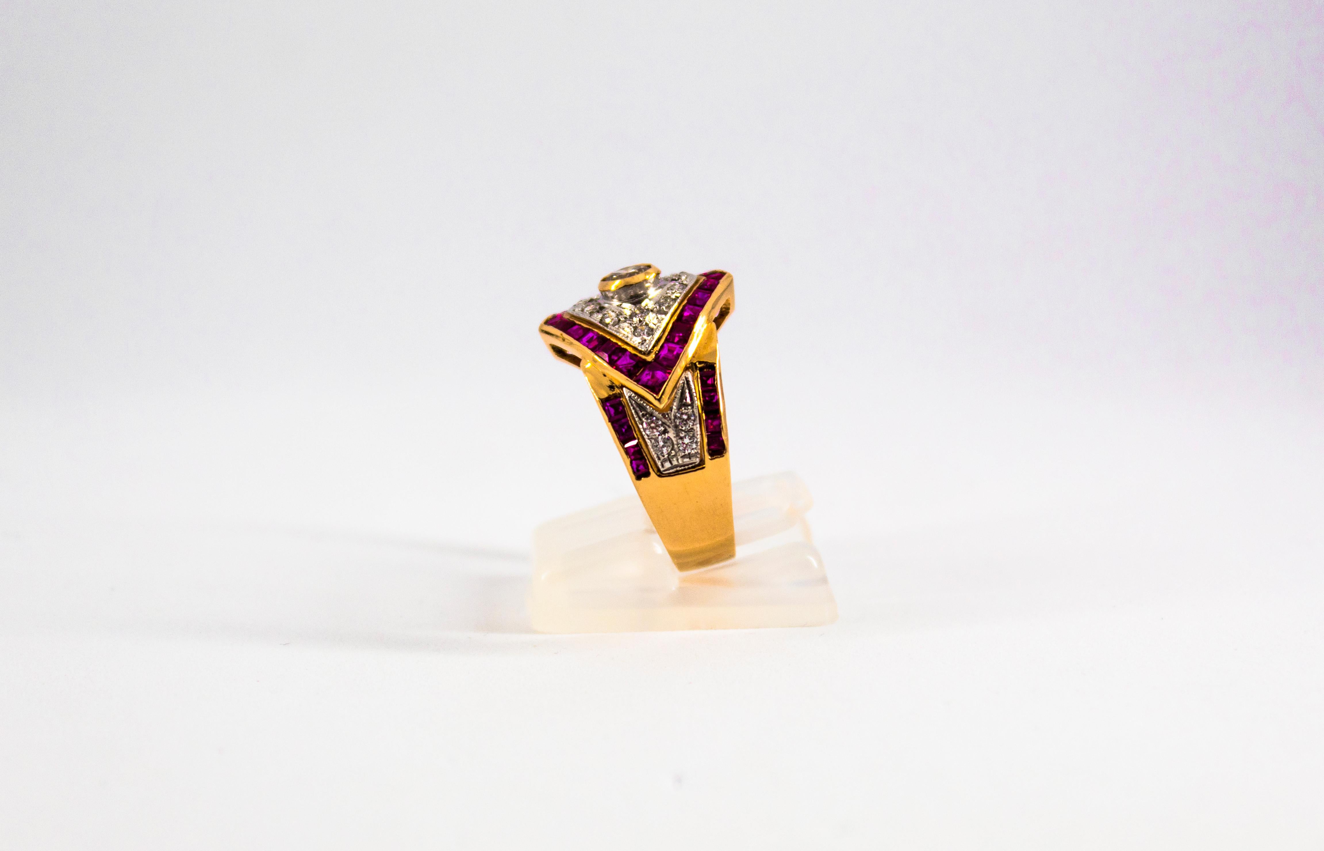 Art Deco Style 0.60 Carat White Diamond 1.53 Carat Ruby Yellow Gold Band Ring In New Condition In Naples, IT