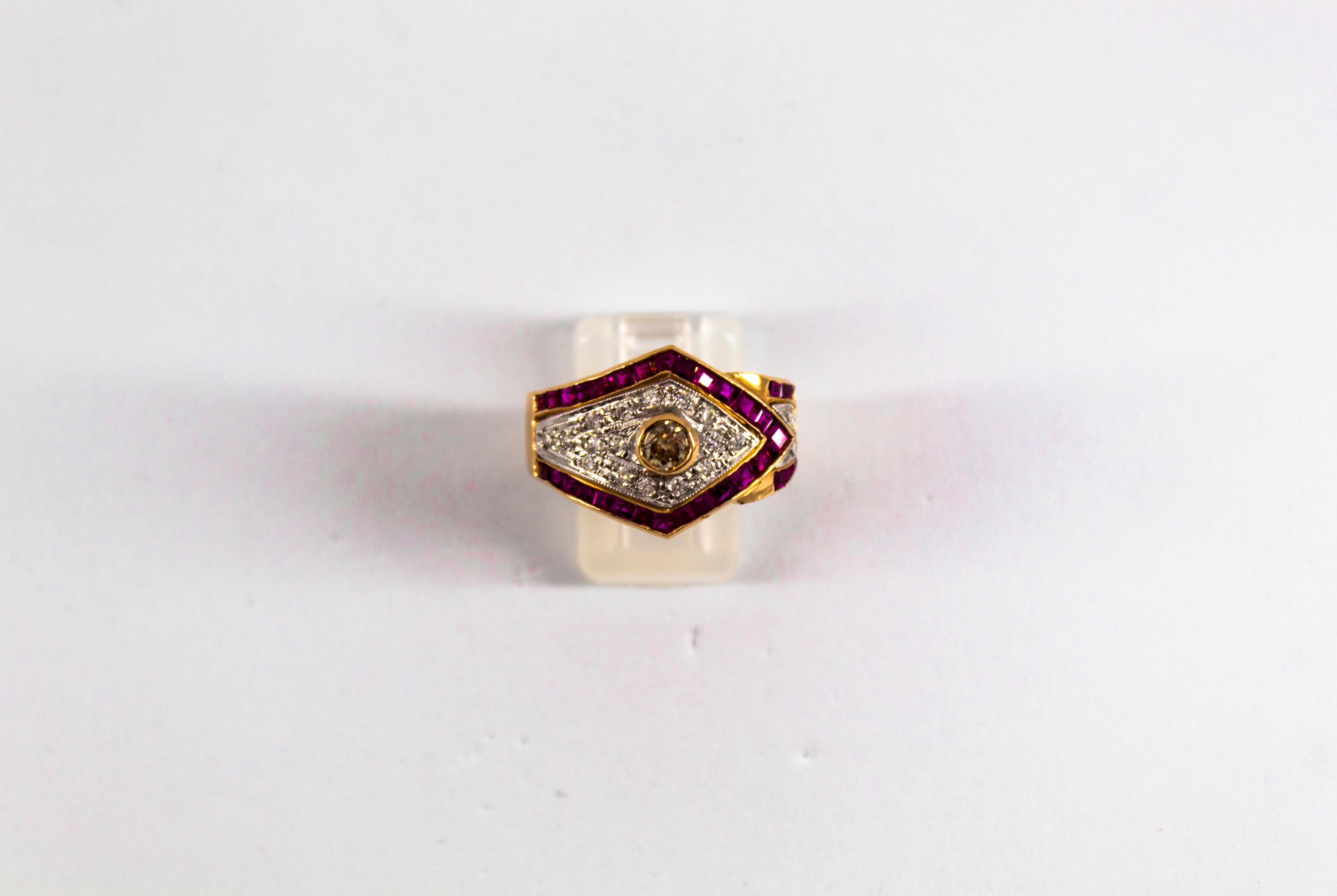 Women's or Men's Art Deco Style 0.60 Carat White Diamond 1.53 Carat Ruby Yellow Gold Band Ring
