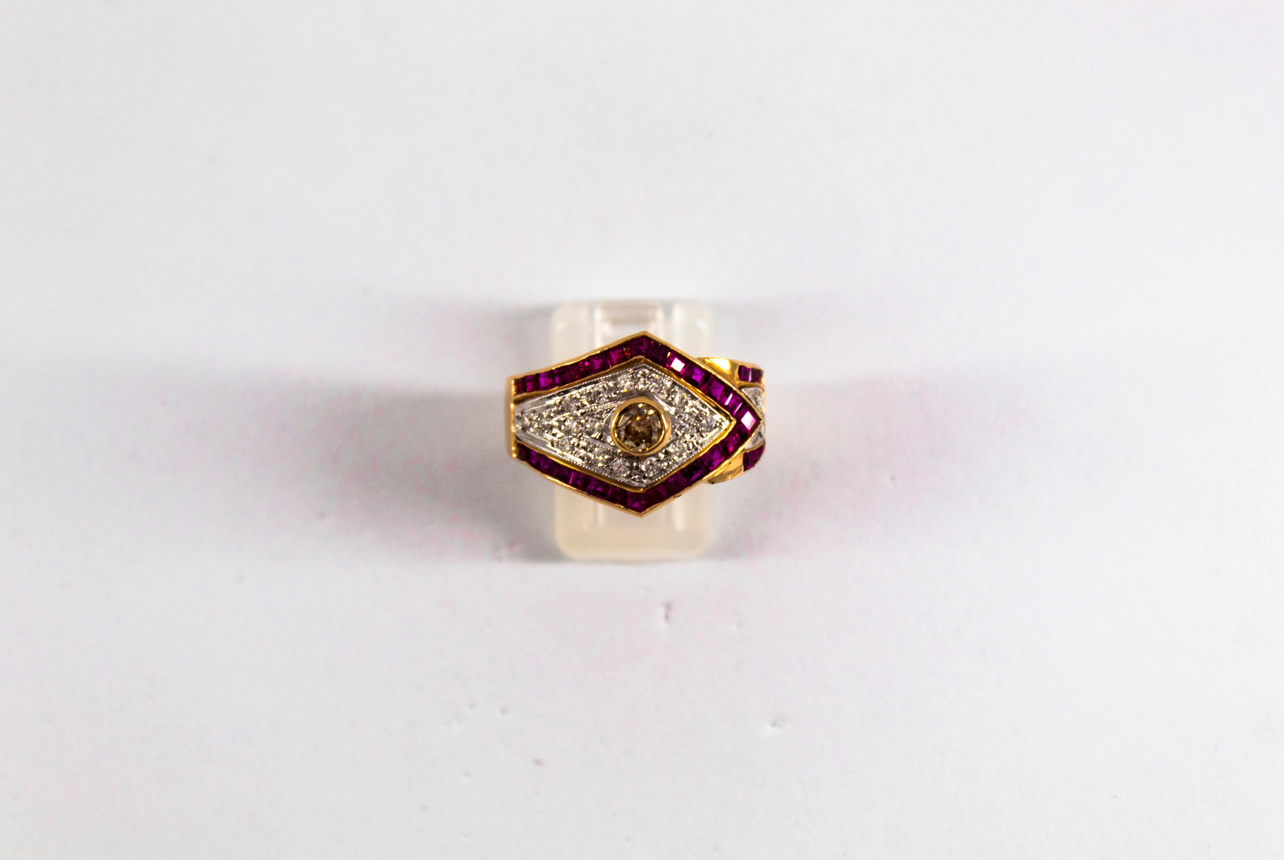 Art Deco Stil 0,60 Karat Weißer Diamant 1,53 Karat Rubin Gelbgold Band Ring im Zustand „Neu“ im Angebot in Naples, IT