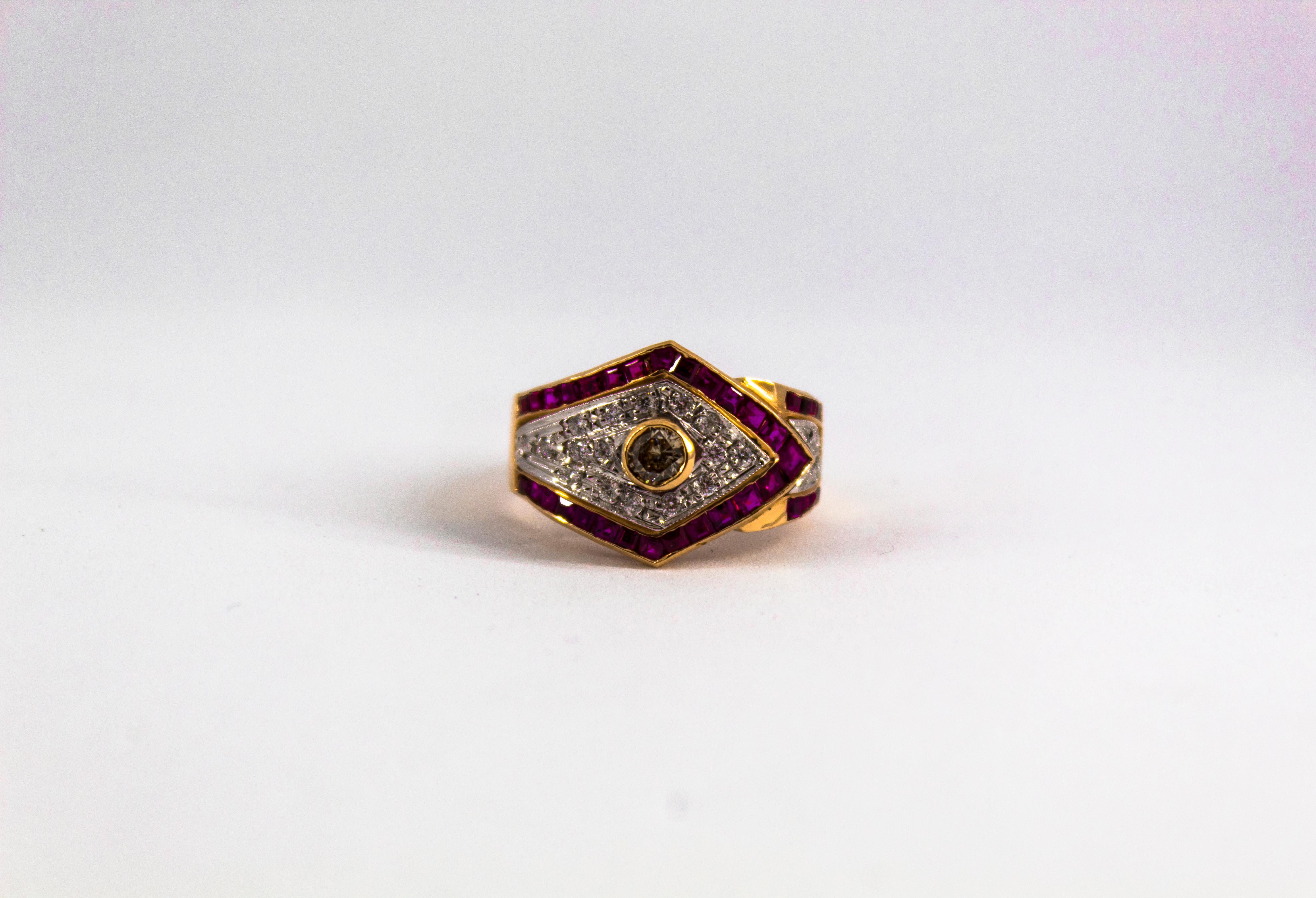 Art Deco Style 0.60 Carat White Diamond 1.53 Carat Ruby Yellow Gold Band Ring For Sale 1